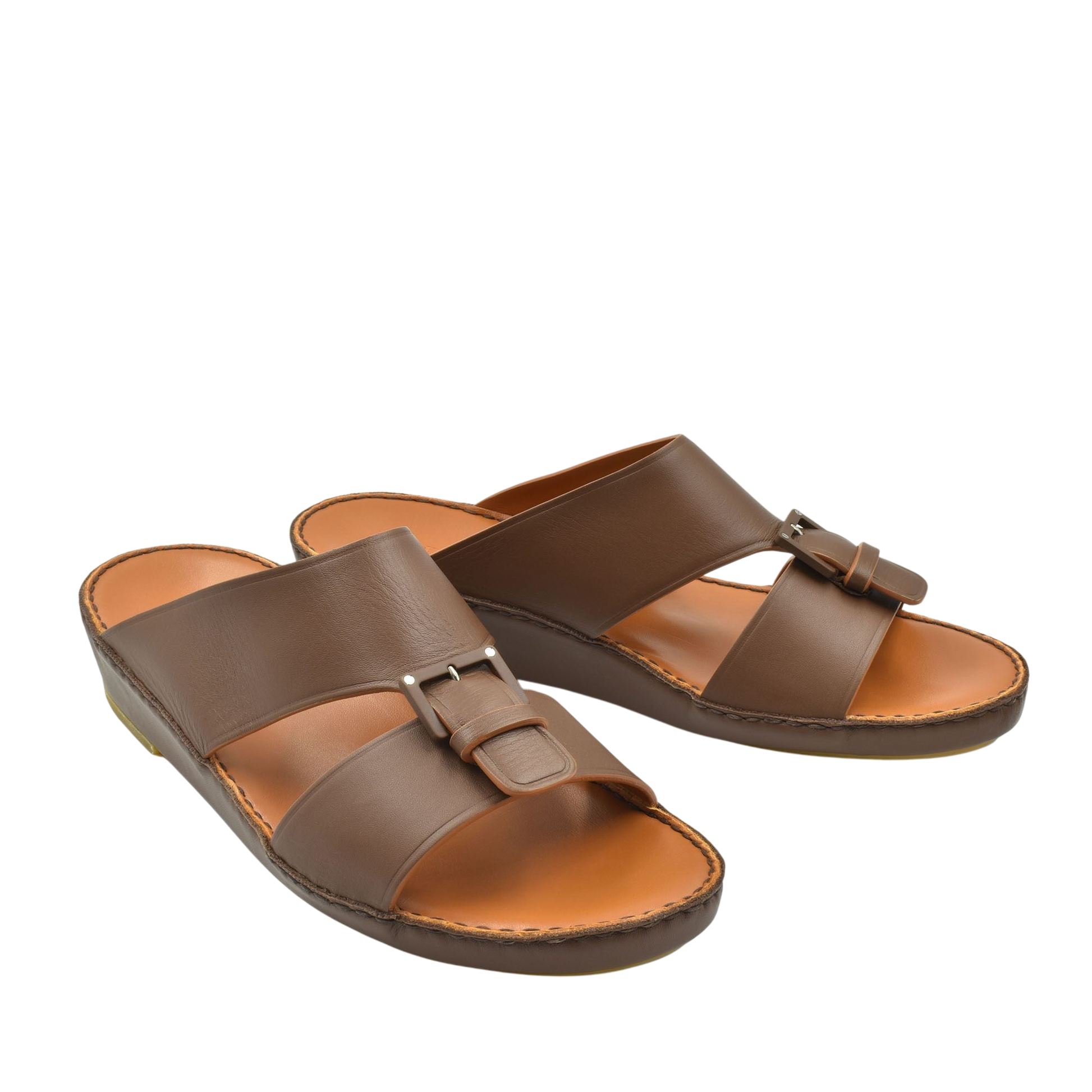 Brown leather natural contrast sandals with adjustable buckle straps and cushioned footbed