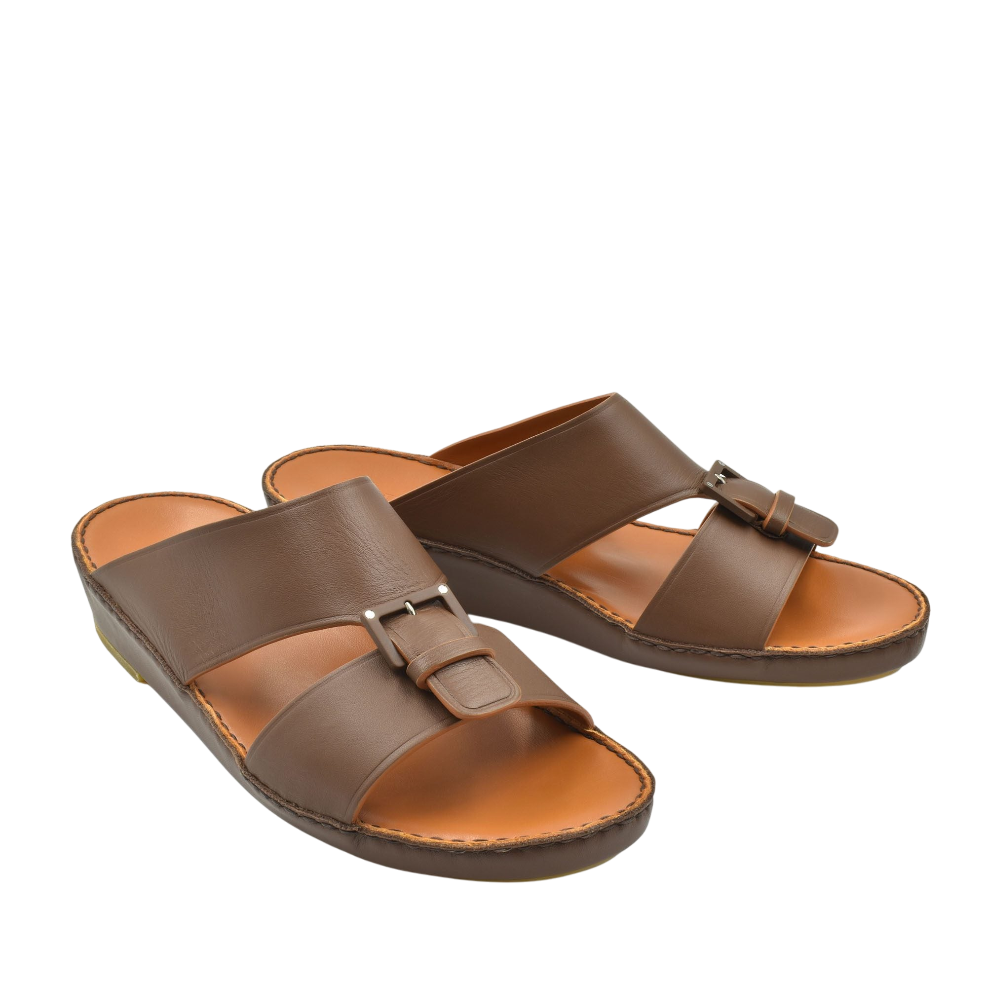 Brown leather natural contrast sandals with adjustable buckle straps and cushioned footbed