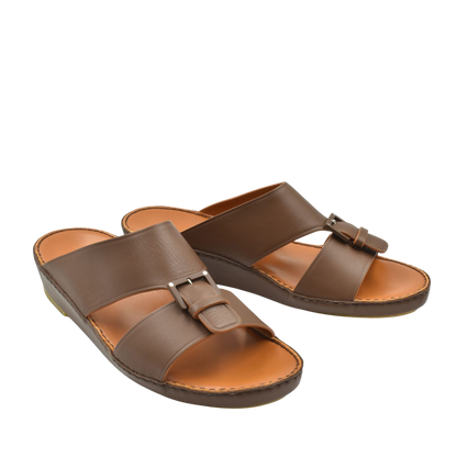 Brown leather natural contrast sandals with adjustable buckle straps and cushioned footbed