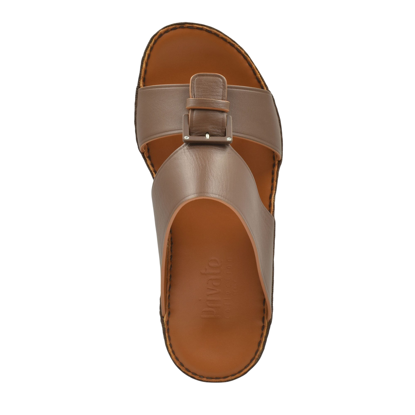 Top view of brown leather natural contrast sandals with buckle strap and stitched sole