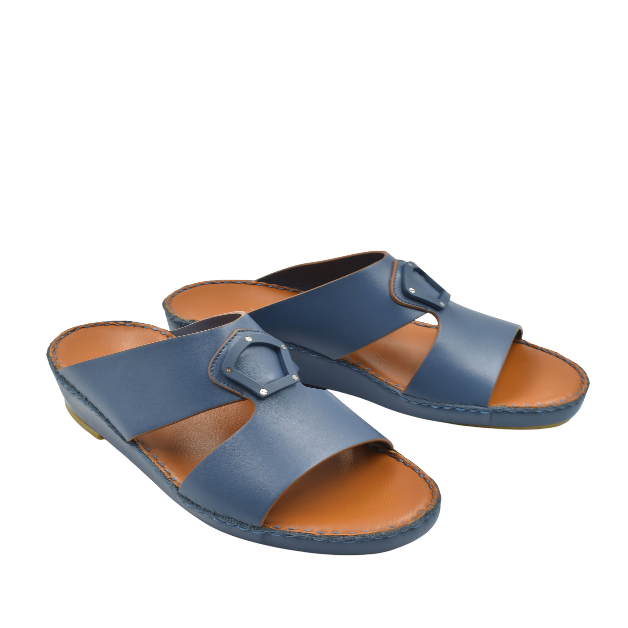 Blue natural leather slide shoes with adjustable buckle straps and cushioned brown insoles