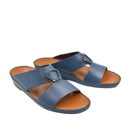 Blue natural leather slide shoes with adjustable buckle straps and cushioned brown insoles