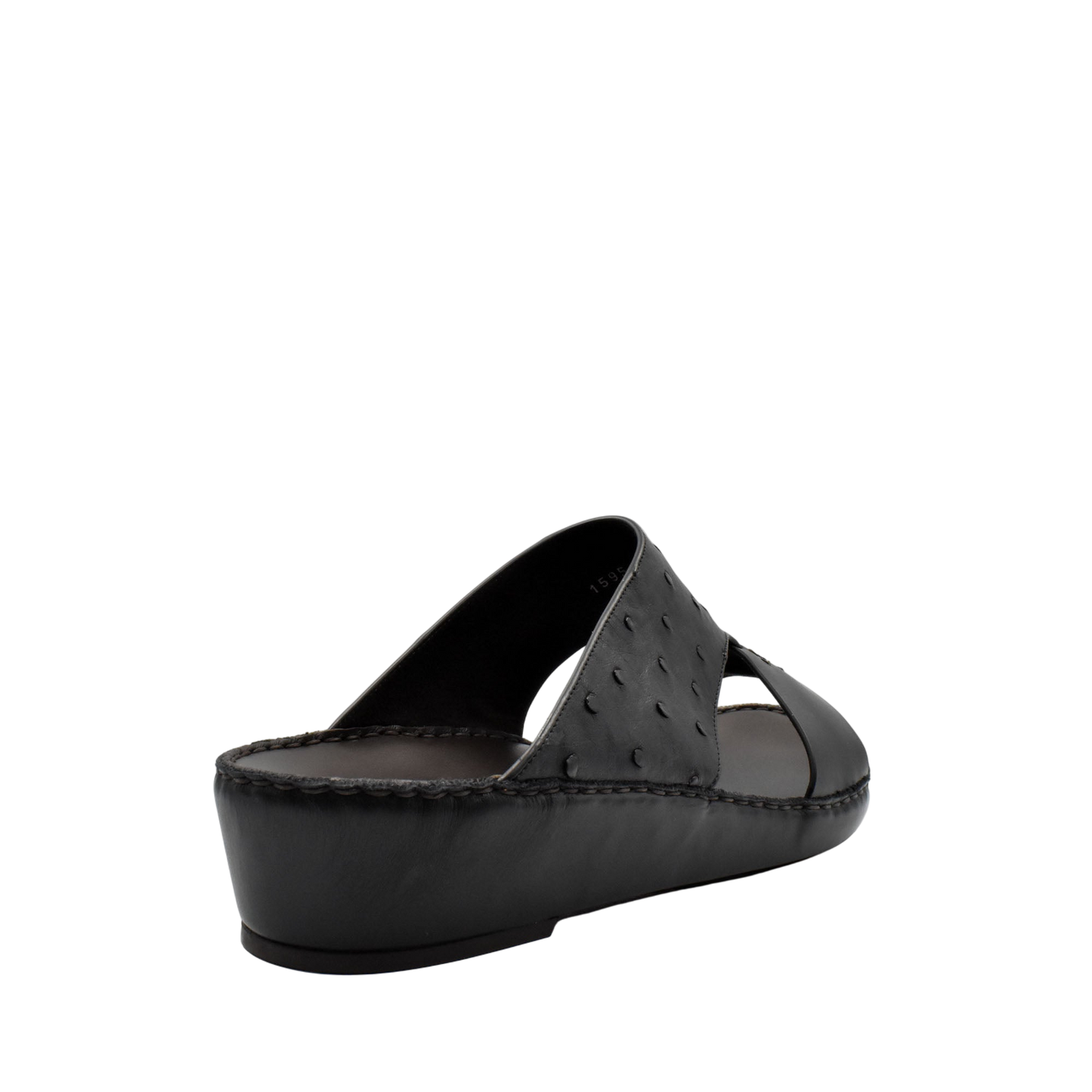 Black ostrich embossed slip on sandals with open toe and cushioned sole for comfortable wear