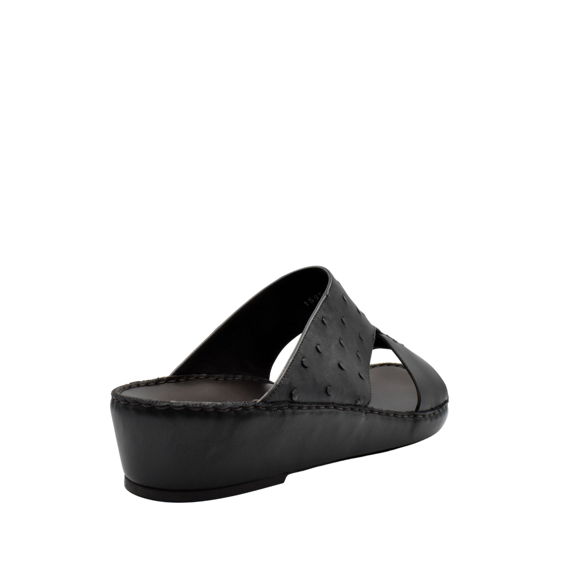 Black ostrich embossed slip on sandals with open toe and cushioned sole for comfortable wear