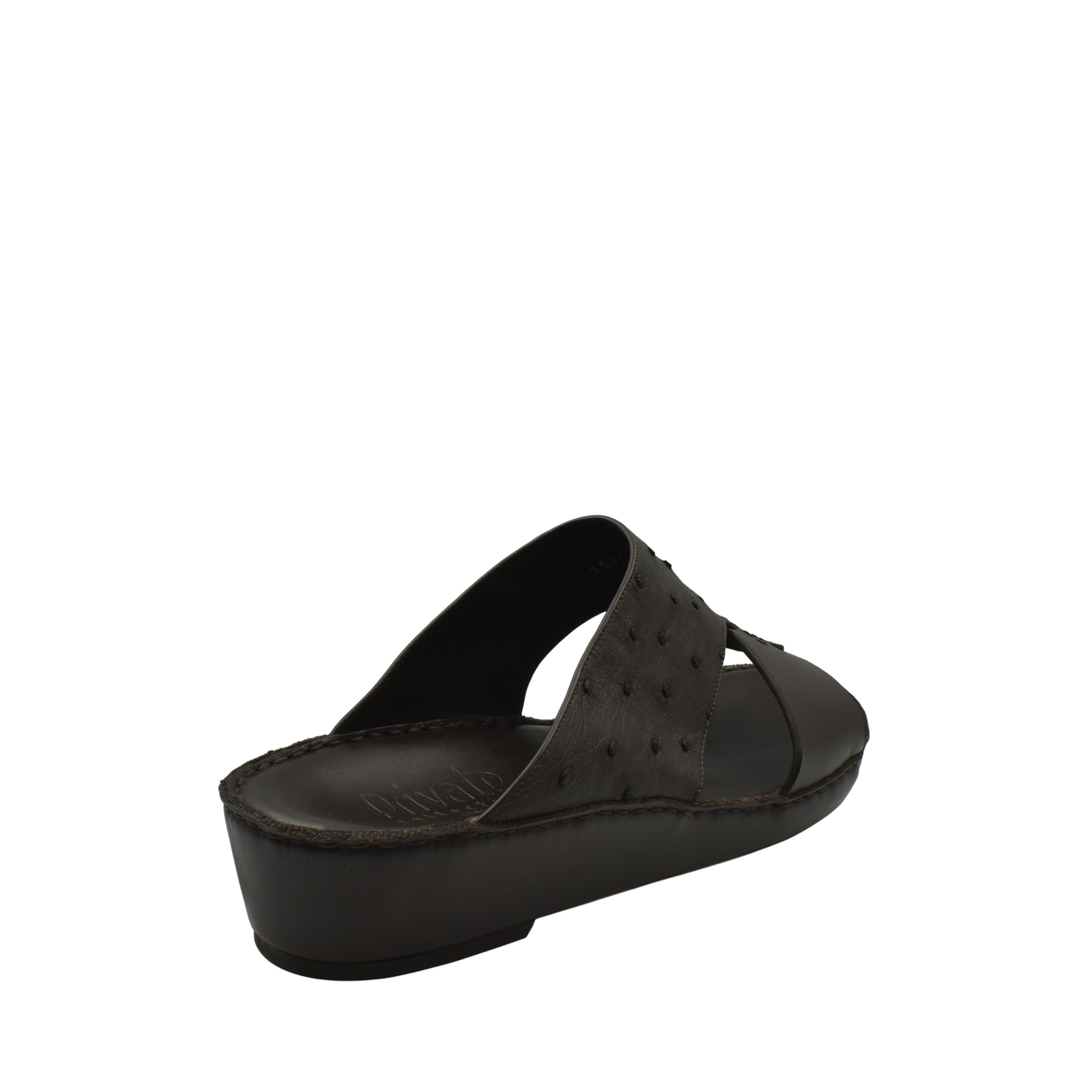 Black ostrich embossed slip on sandals with low wedge heel for comfortable wear