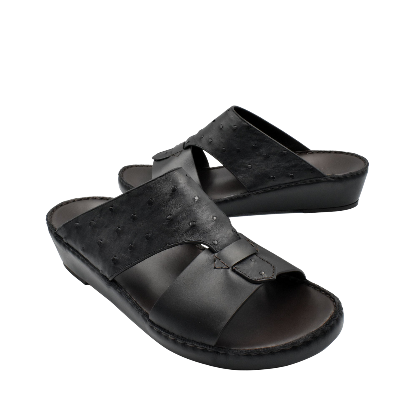 Black ostrich embossed slip on sandals with open toe and cushioned sole