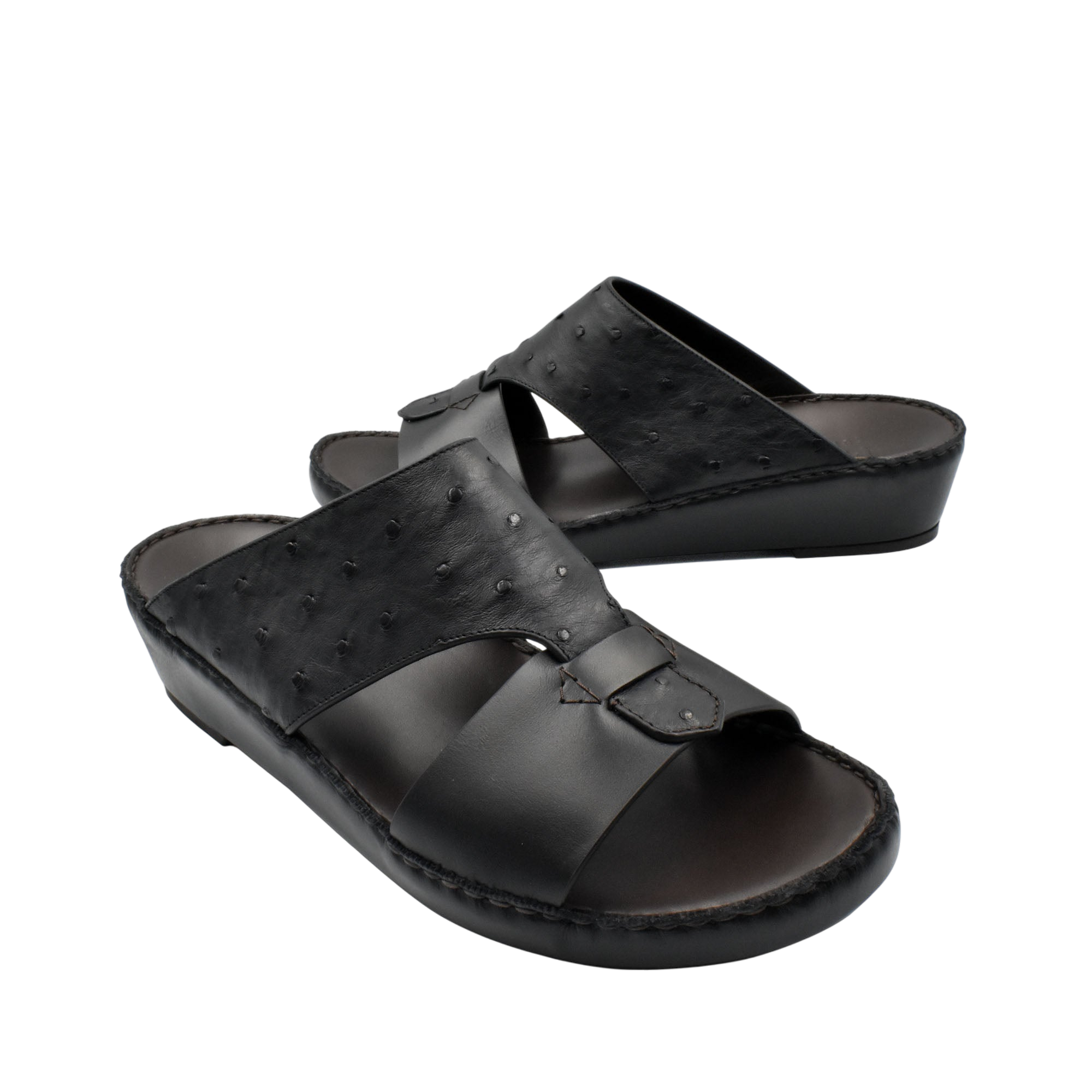 Black ostrich embossed slip on sandals with open toe and cushioned sole