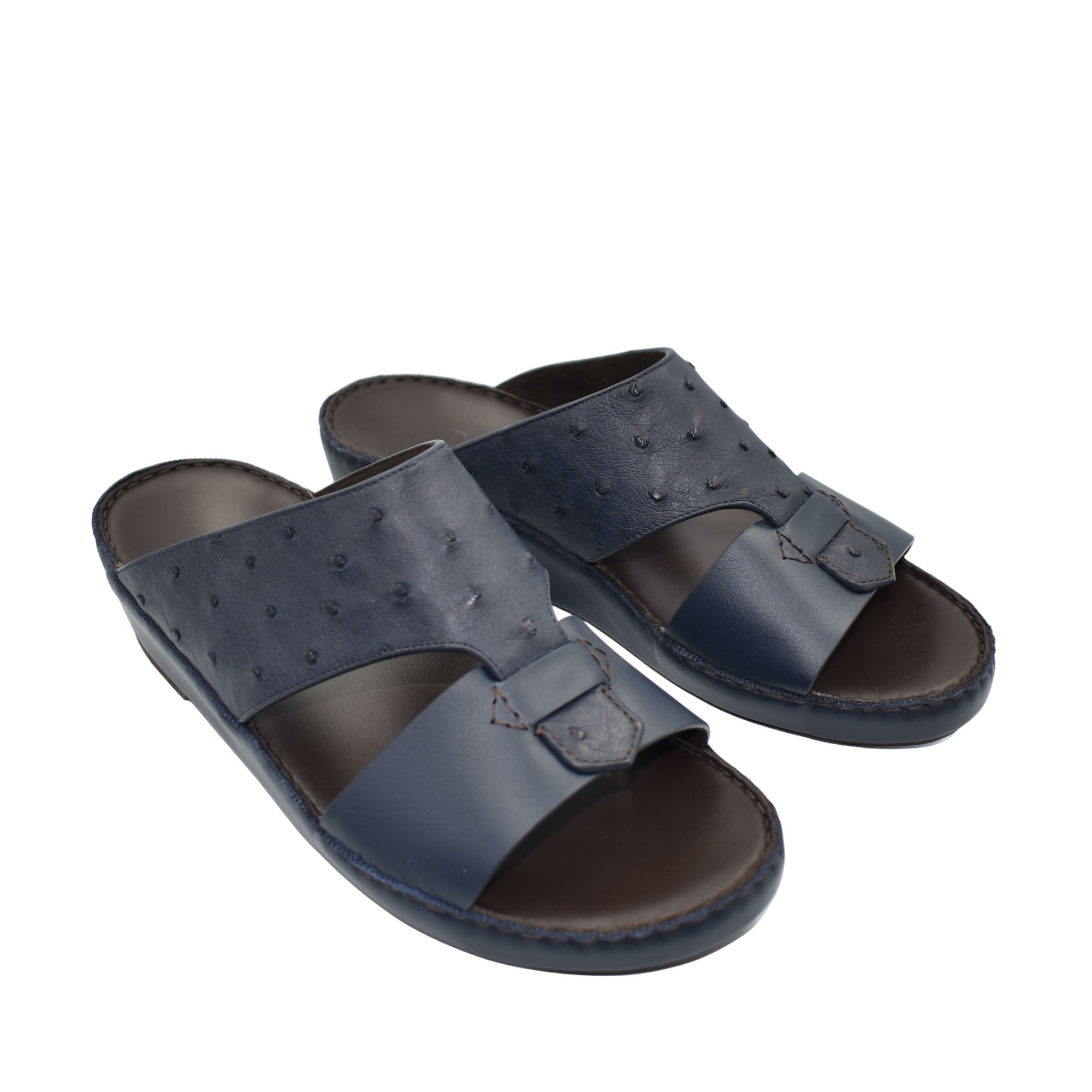 Navy blue ostrich embossed slip on sandals with open toe and adjustable strap