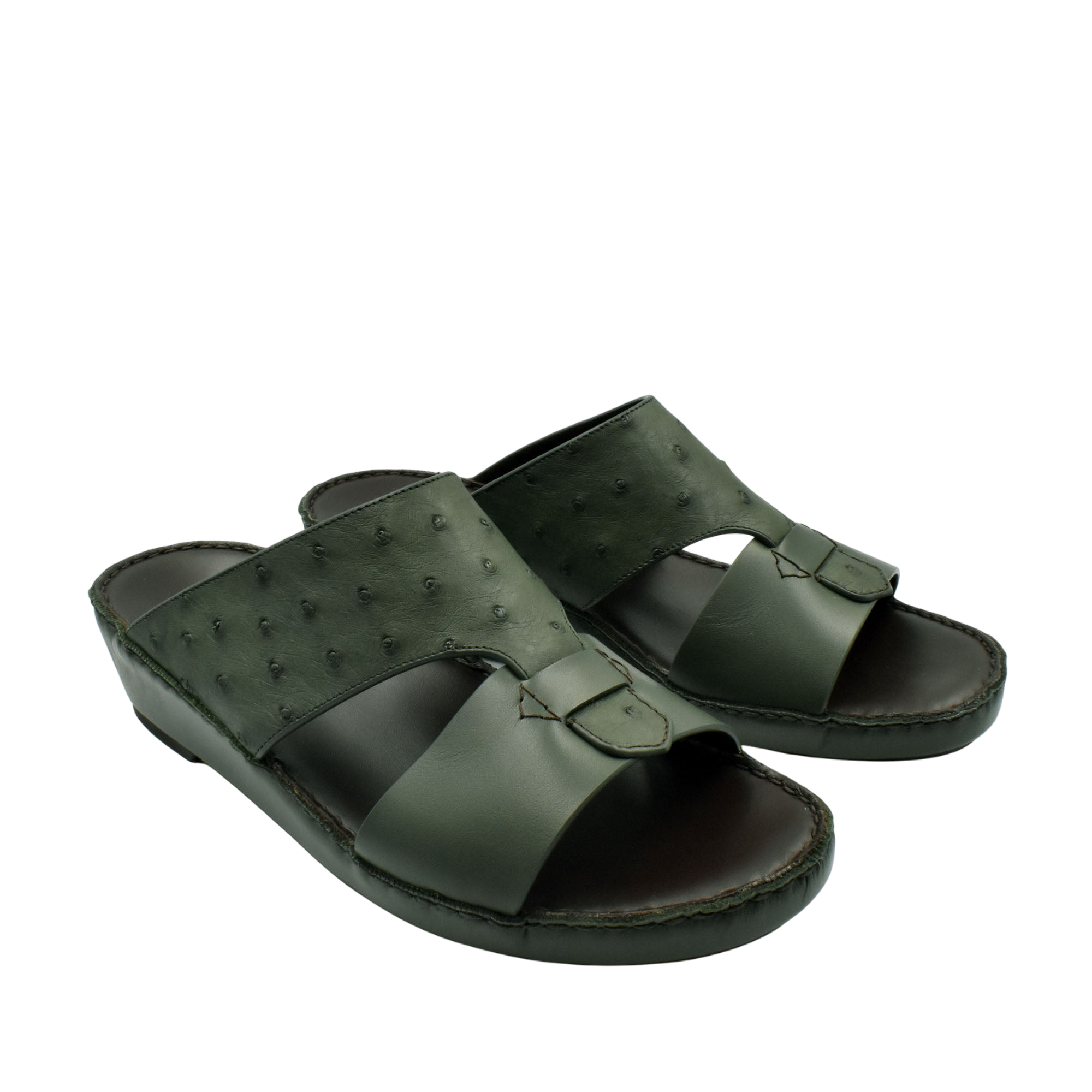 Dark green ostrich embossed slip on sandals with open toe and comfortable sole