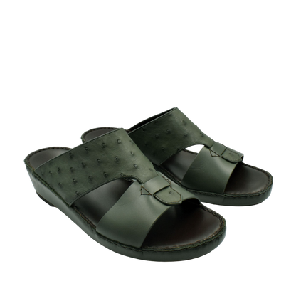 Dark green ostrich embossed slip on sandals with open toe and comfortable sole