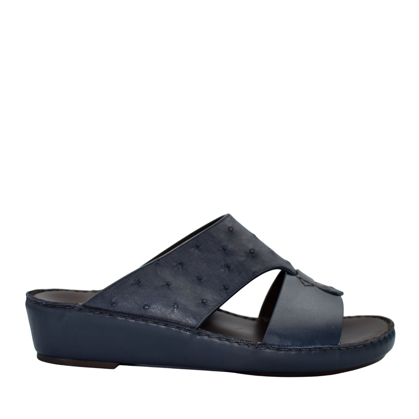 Black ostrich embossed slip on sandals with cushioned sole and open toe design for comfort