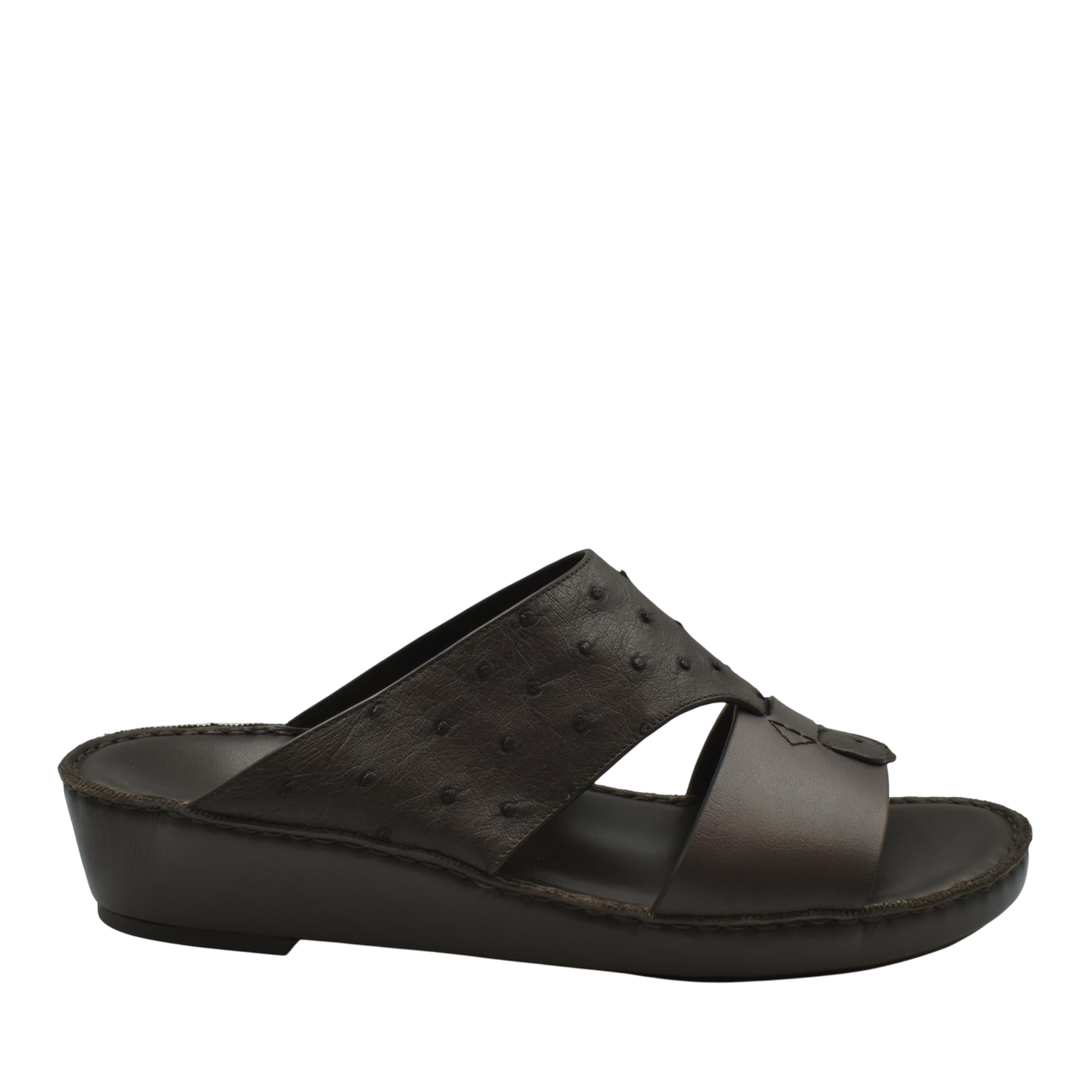 Dark brown ostrich embossed slip on sandals with cushioned sole from Private collection