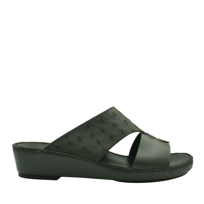 Green ostrich embossed slip on sandals with a wedge heel from Private Collection
