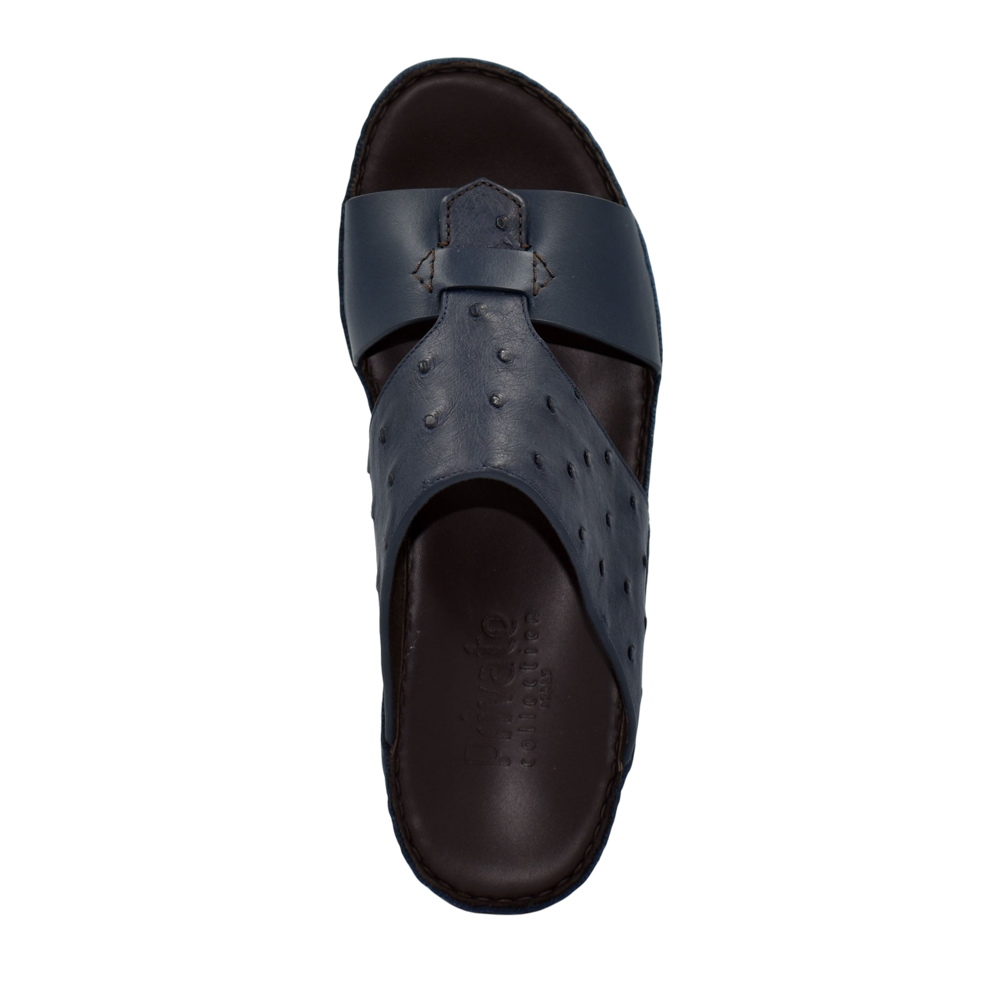 Black ostrich embossed slip on sandals with a textured leather upper and comfortable sole