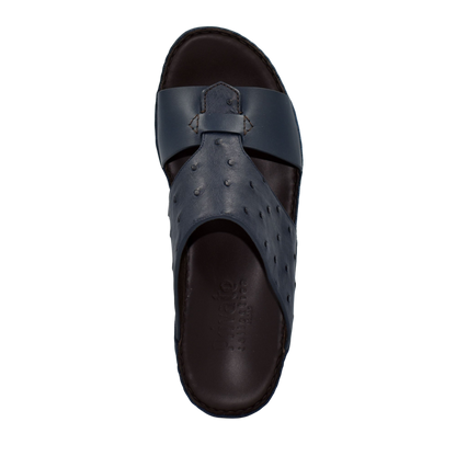 Black ostrich embossed slip on sandals with a textured leather upper and comfortable sole