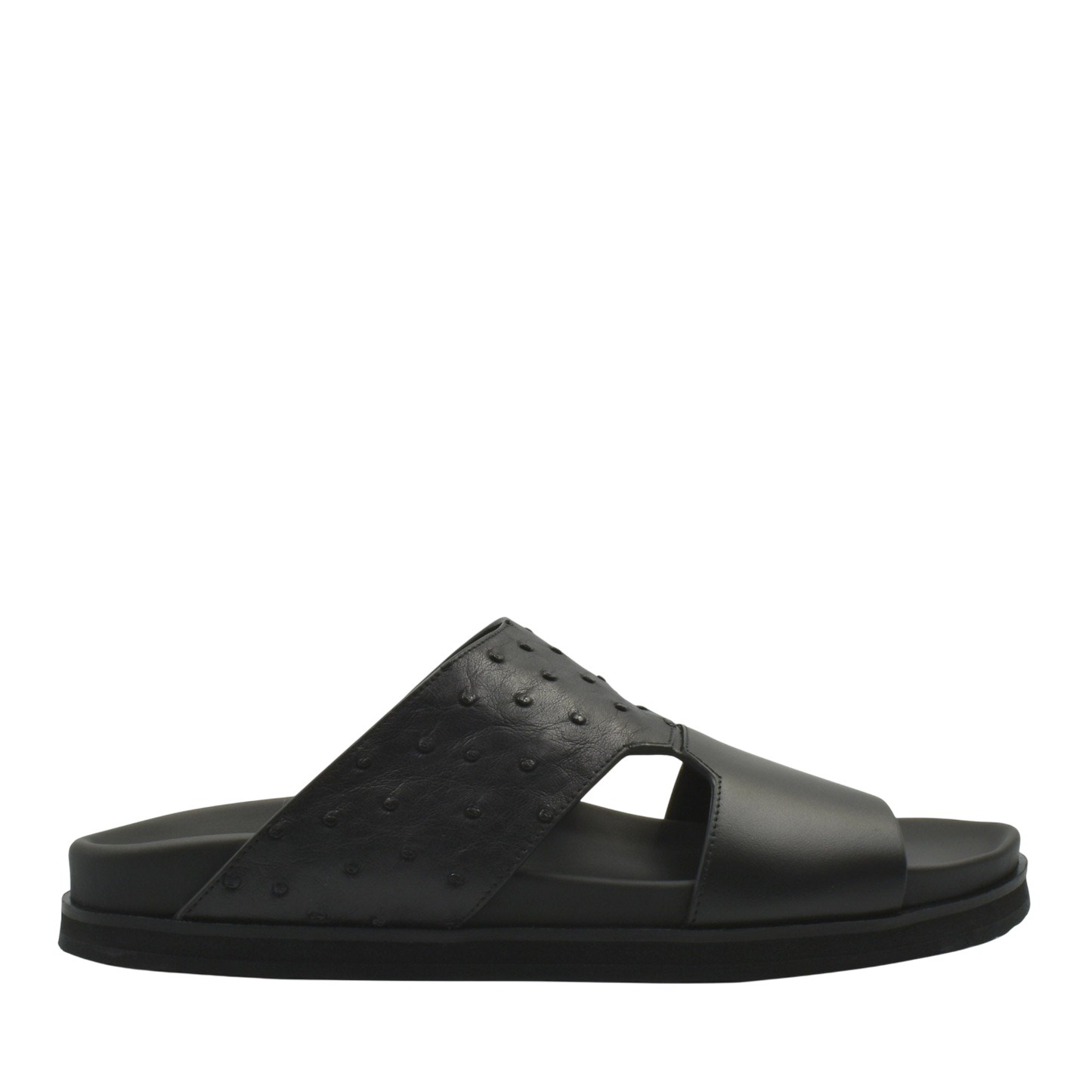 Black men's sandal featuring ostrich leather footwear design with comfortable sole from Private collection
