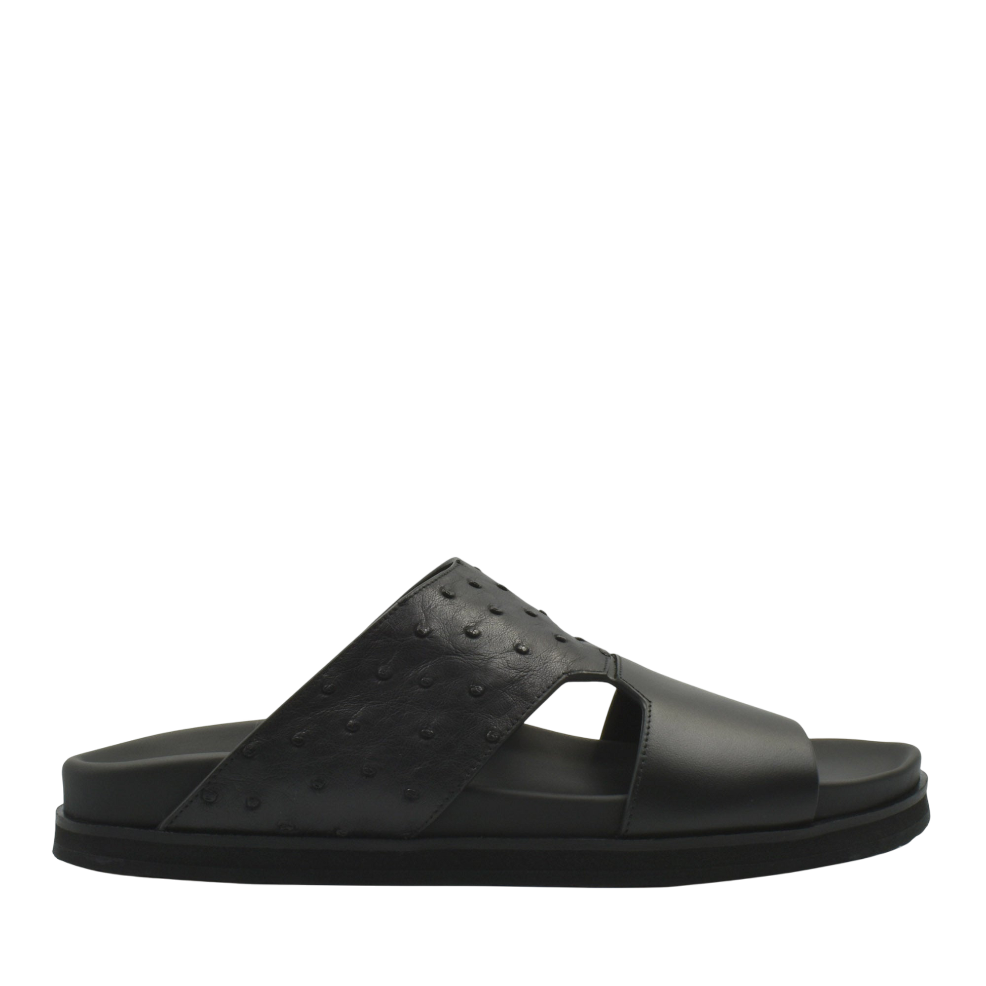 Black men's sandal featuring ostrich leather footwear design with comfortable sole from Private collection