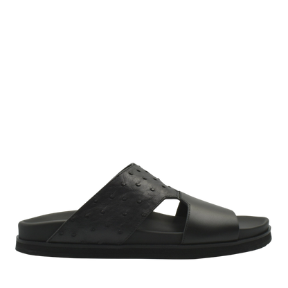 Black men's sandal featuring ostrich leather footwear design with comfortable sole from Private collection