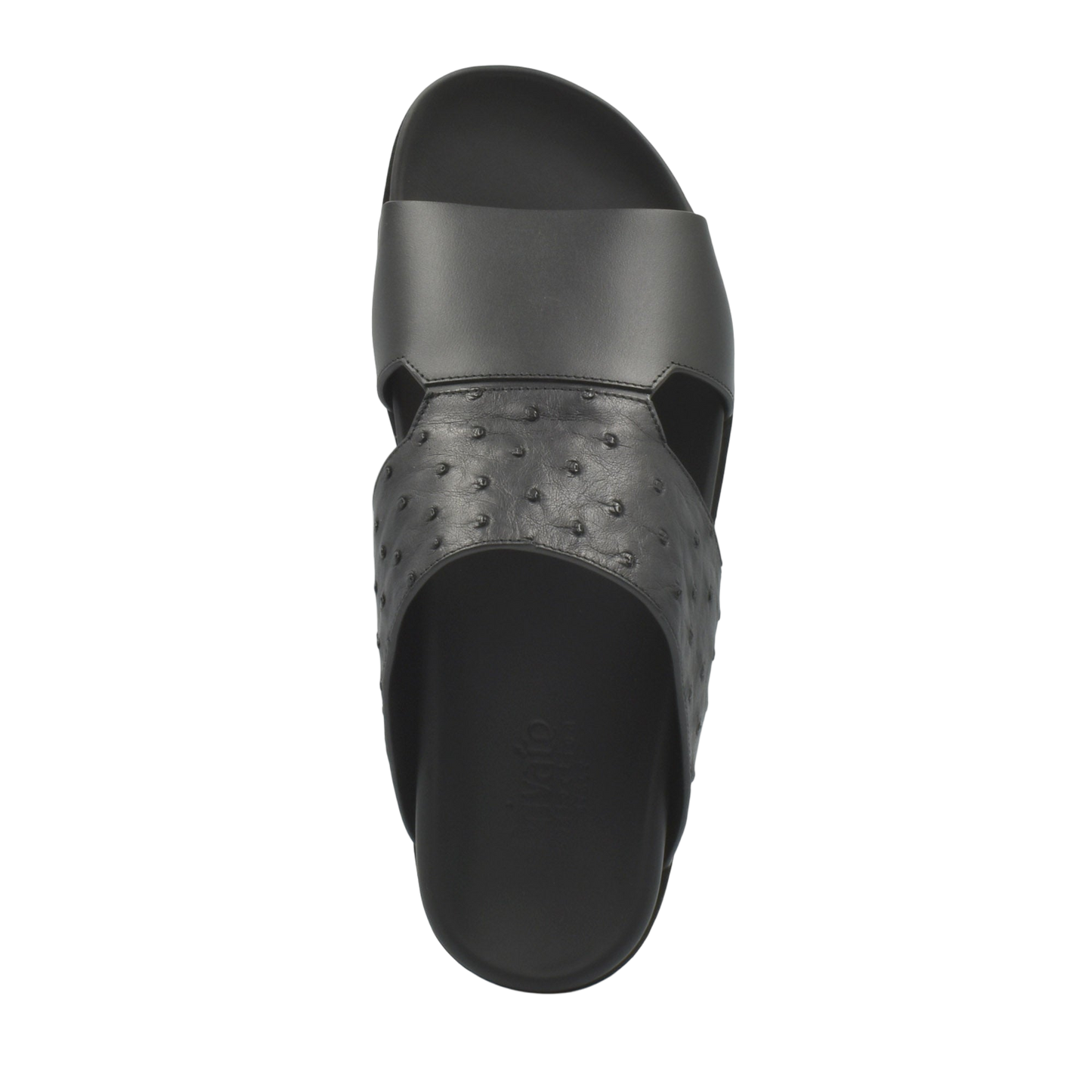 Black slide sandal featuring authentic ostrich leather footwear upper from Private Collection
