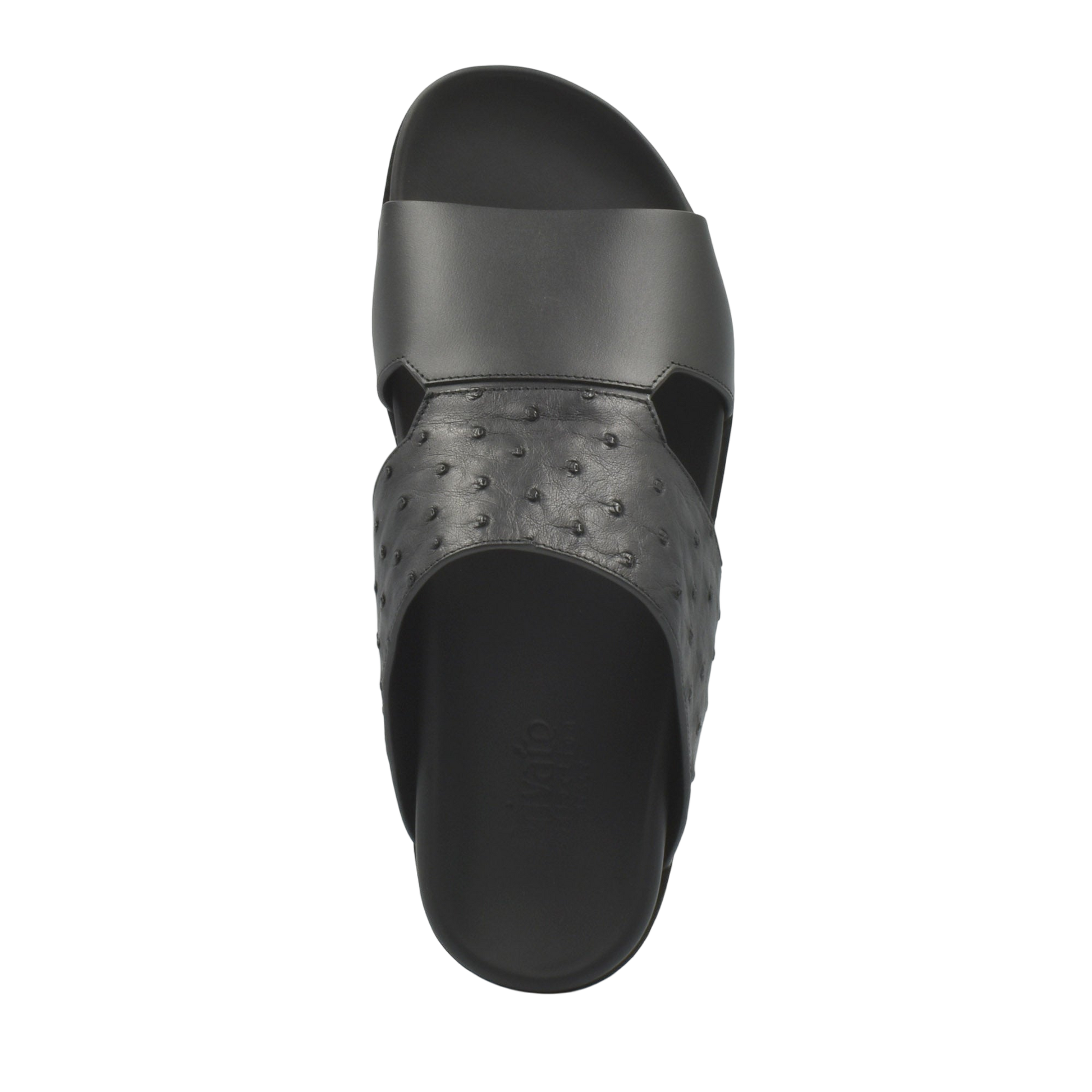 Black slide sandal featuring authentic ostrich leather footwear upper from Private Collection