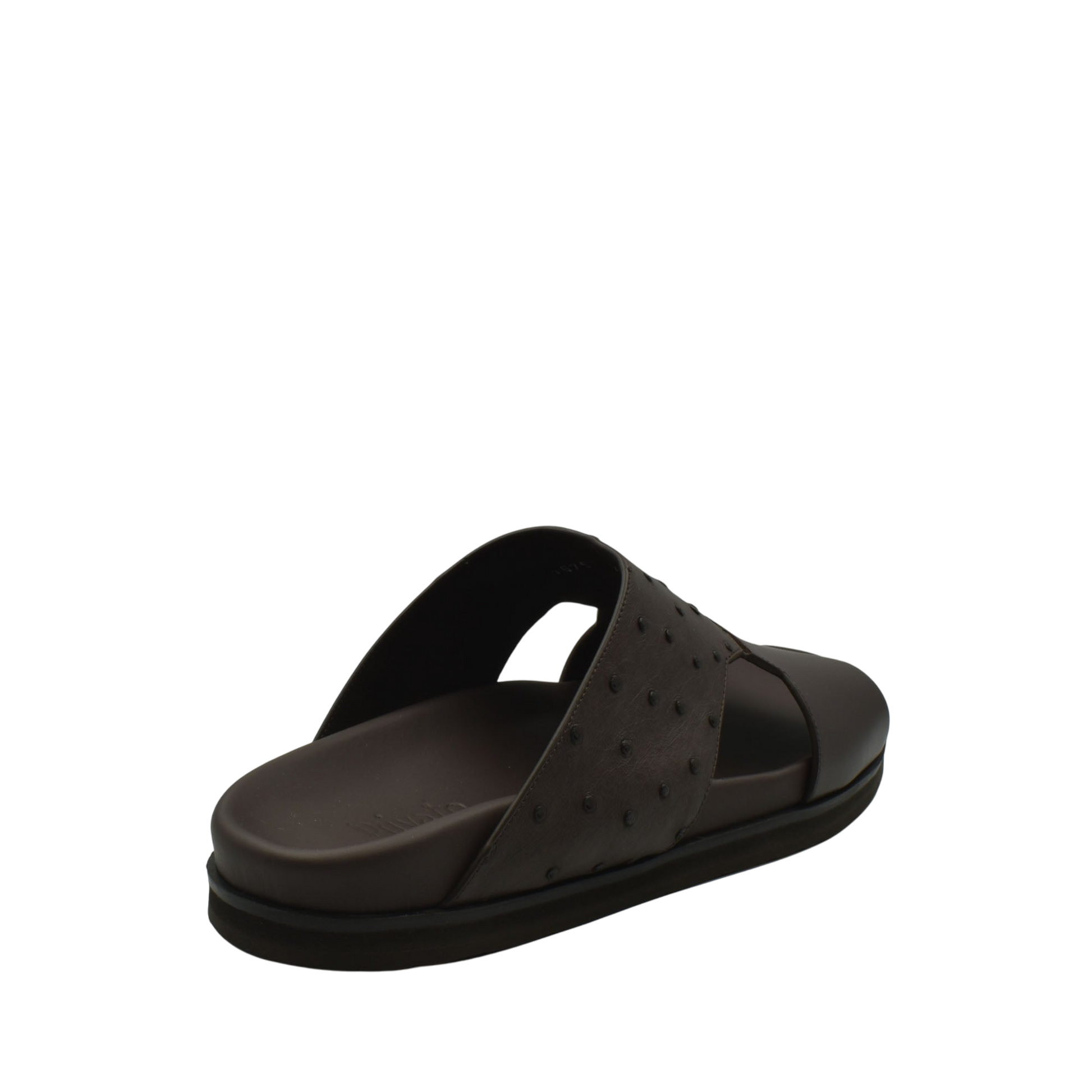Brown slide sandal featuring ostrich leather footwear with textured strap and cushioned sole