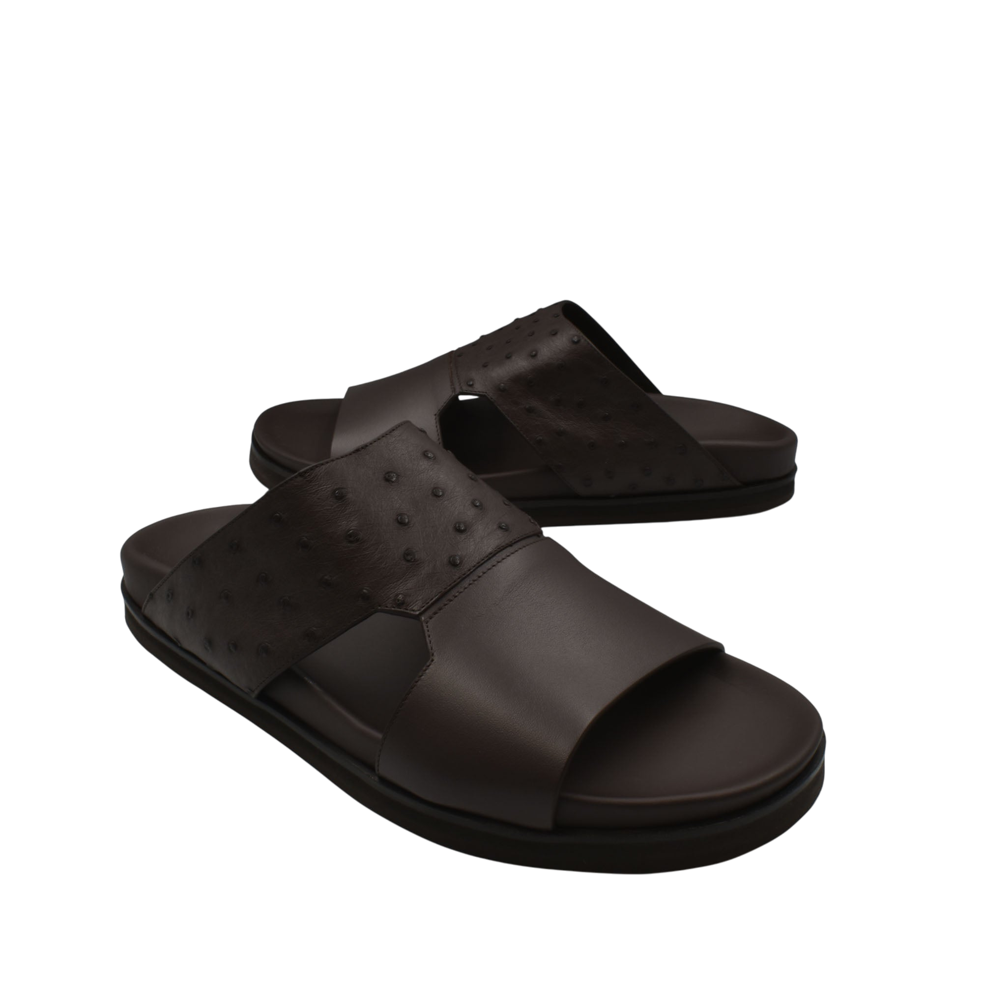 Dark brown ostrich leather footwear open-toe sandals with textured leather design