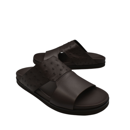 Dark brown ostrich leather footwear open-toe sandals with textured leather design
