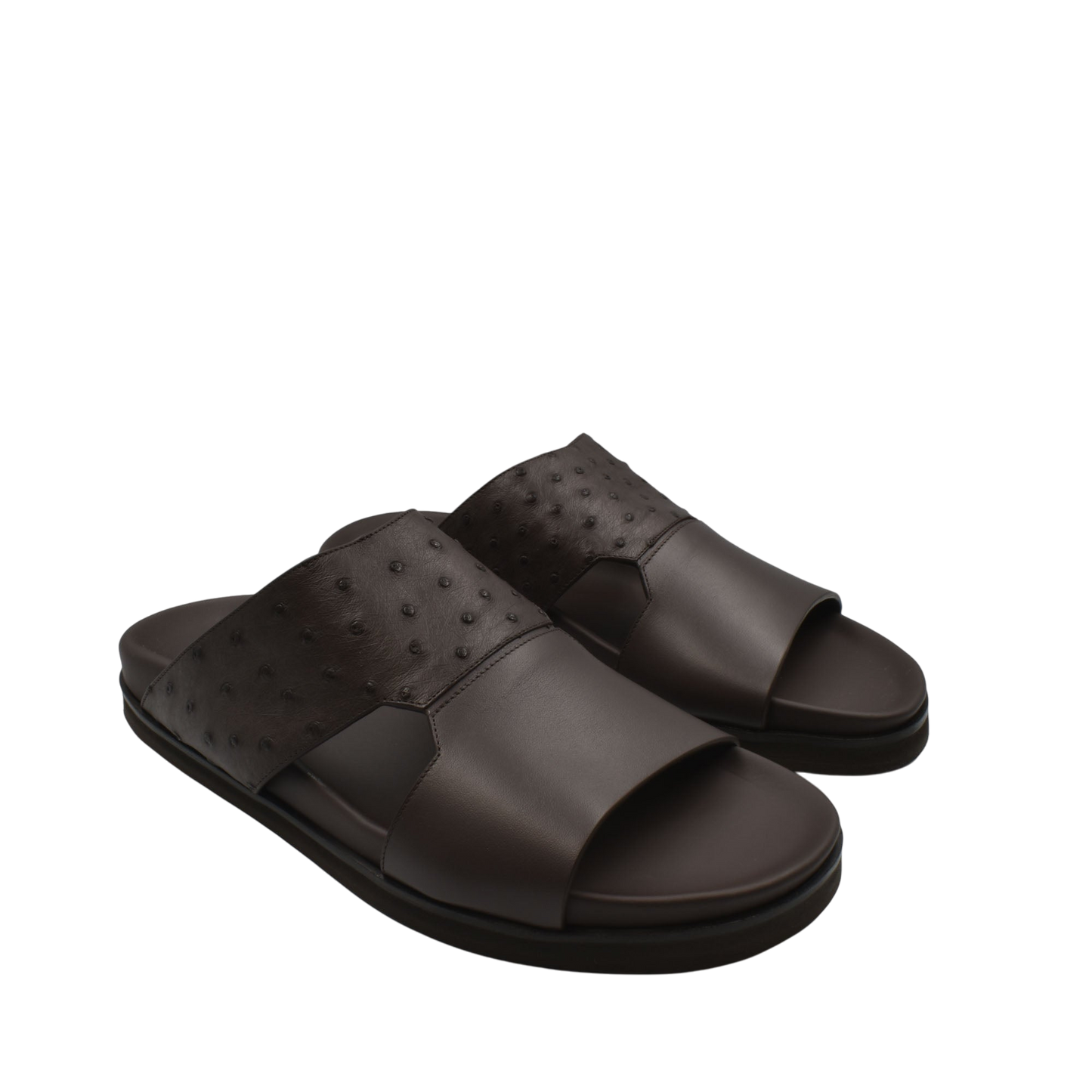 Brown ostrich leather footwear slides with open toe design and cushioned sole for comfort