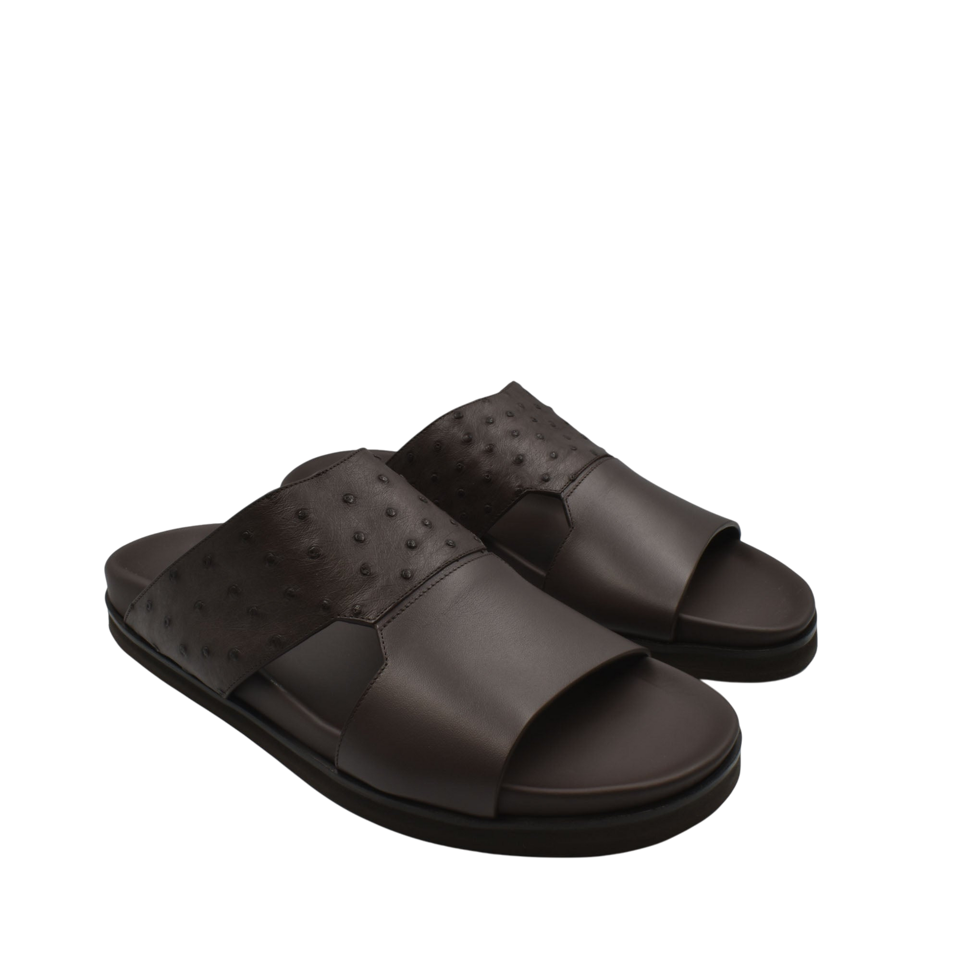 Brown ostrich leather footwear slides with open toe design and cushioned sole for comfort