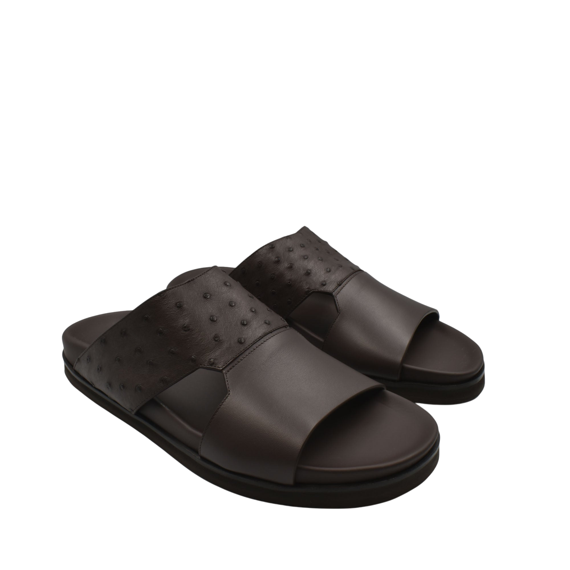 Brown ostrich leather footwear slides with open toe design and cushioned sole for comfort