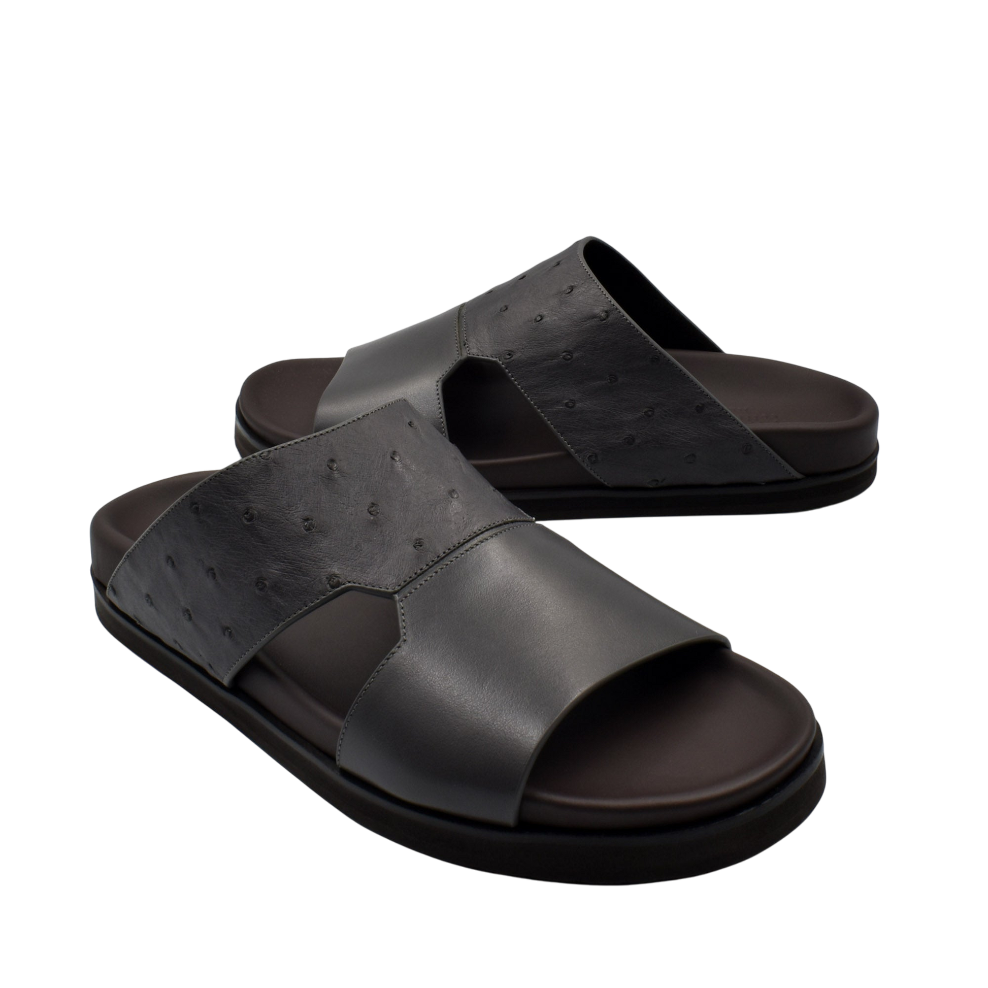 Black slide sandals made from premium ostrich leather footwear with cushioned sole for comfort