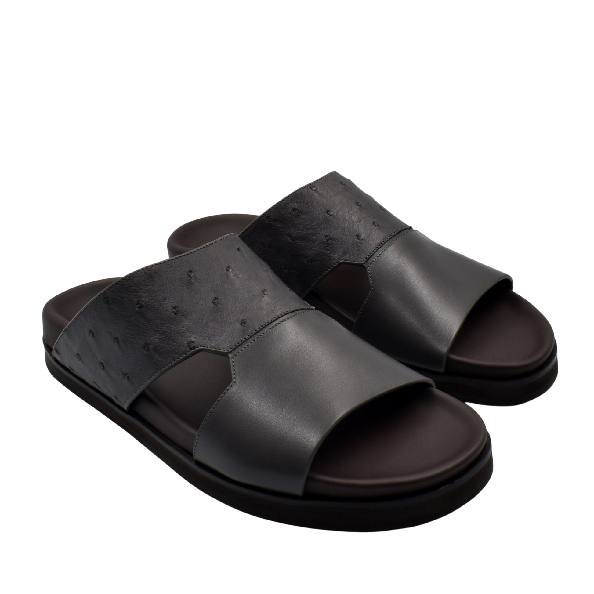 Black open-toe slide sandals made from premium ostrich leather footwear with cushioned sole