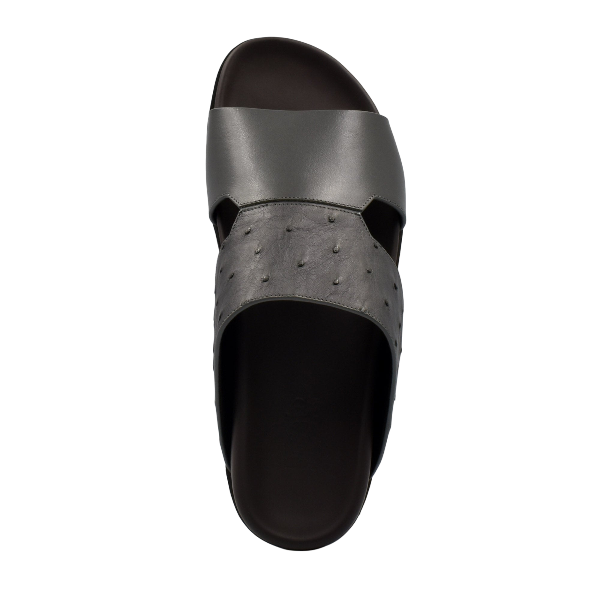 Top view of black ostrich leather footwear slide sandal with textured and smooth straps