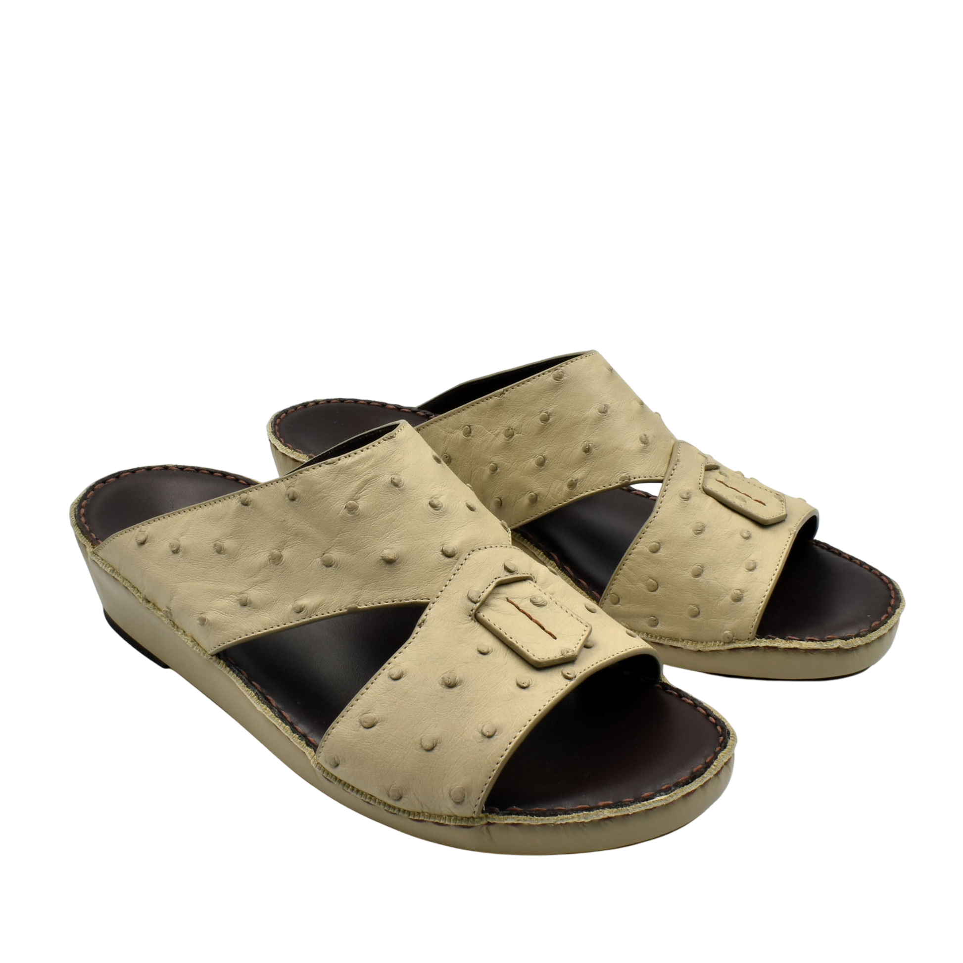 Beige ostrich leather sandals with open toe and slip-on design for comfortable wear