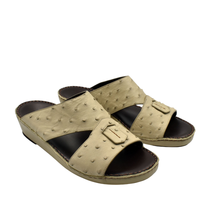 Beige ostrich leather sandals with open toe and slip-on design for comfortable wear