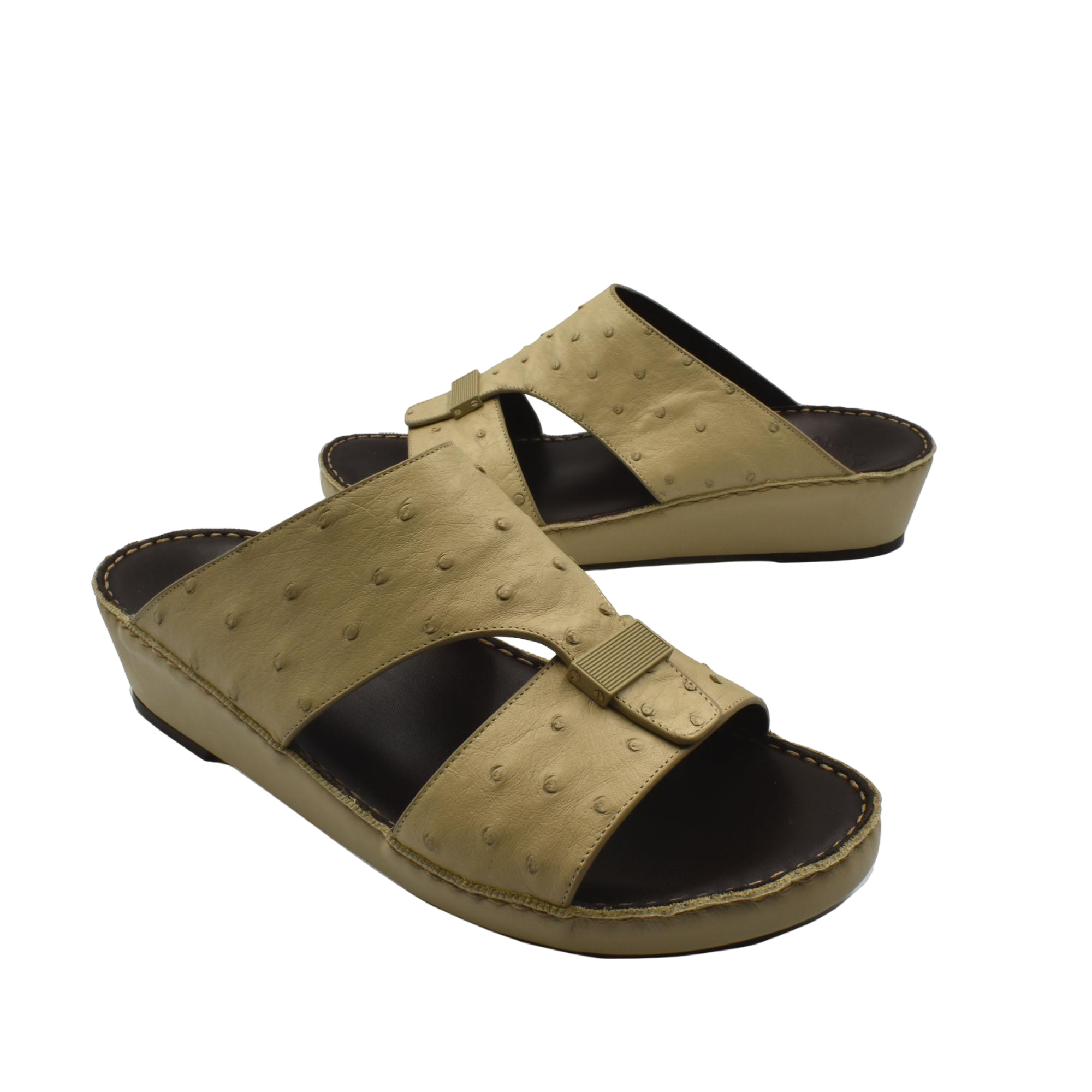 Tan ostrich leather sandals with open toe and wedge sole for comfortable casual wear