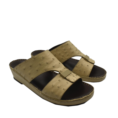 Beige ostrich leather sandals with open toe and cushioned sole from Private Collection