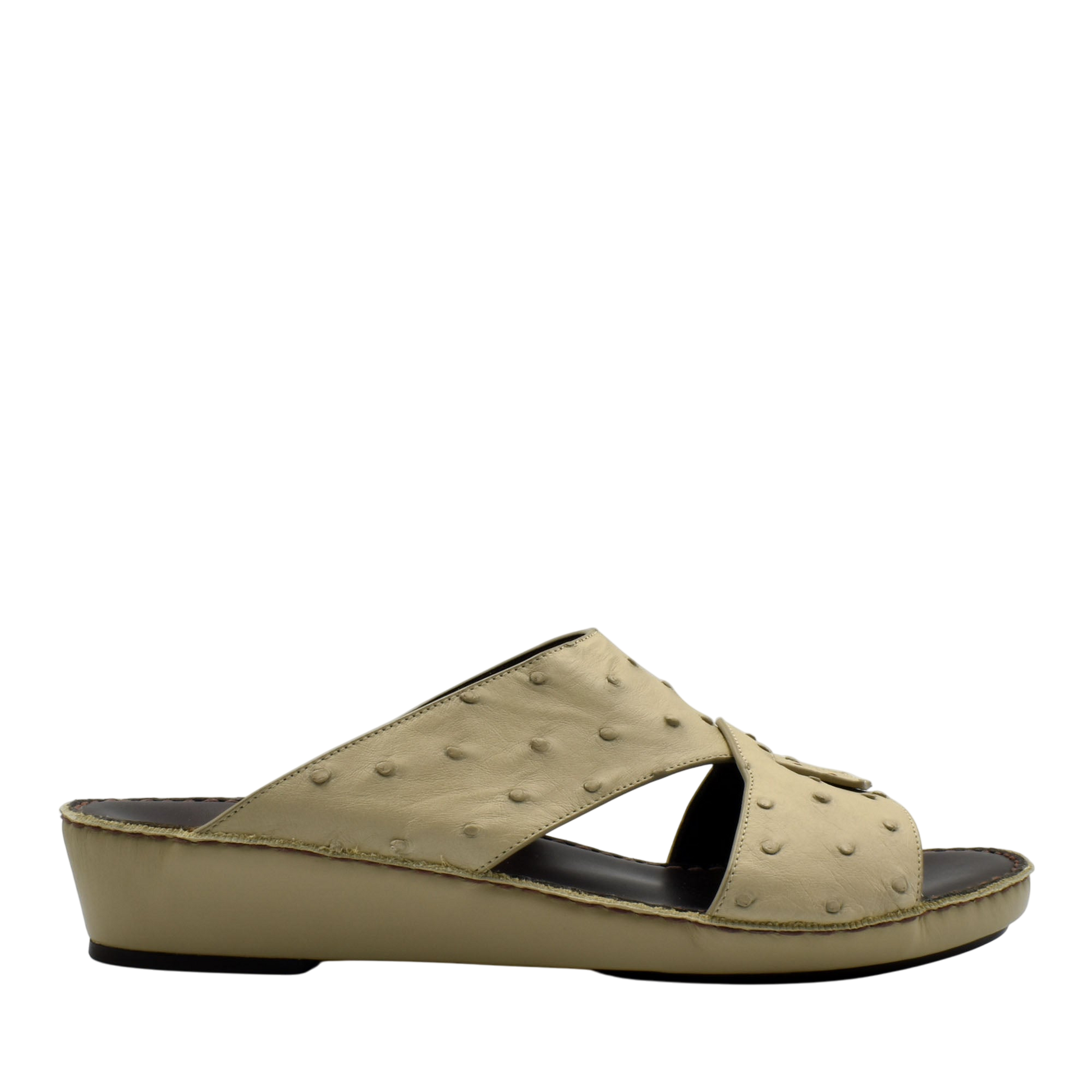 Beige ostrich leather sandals with crisscross straps and low wedge heel from Private Collection