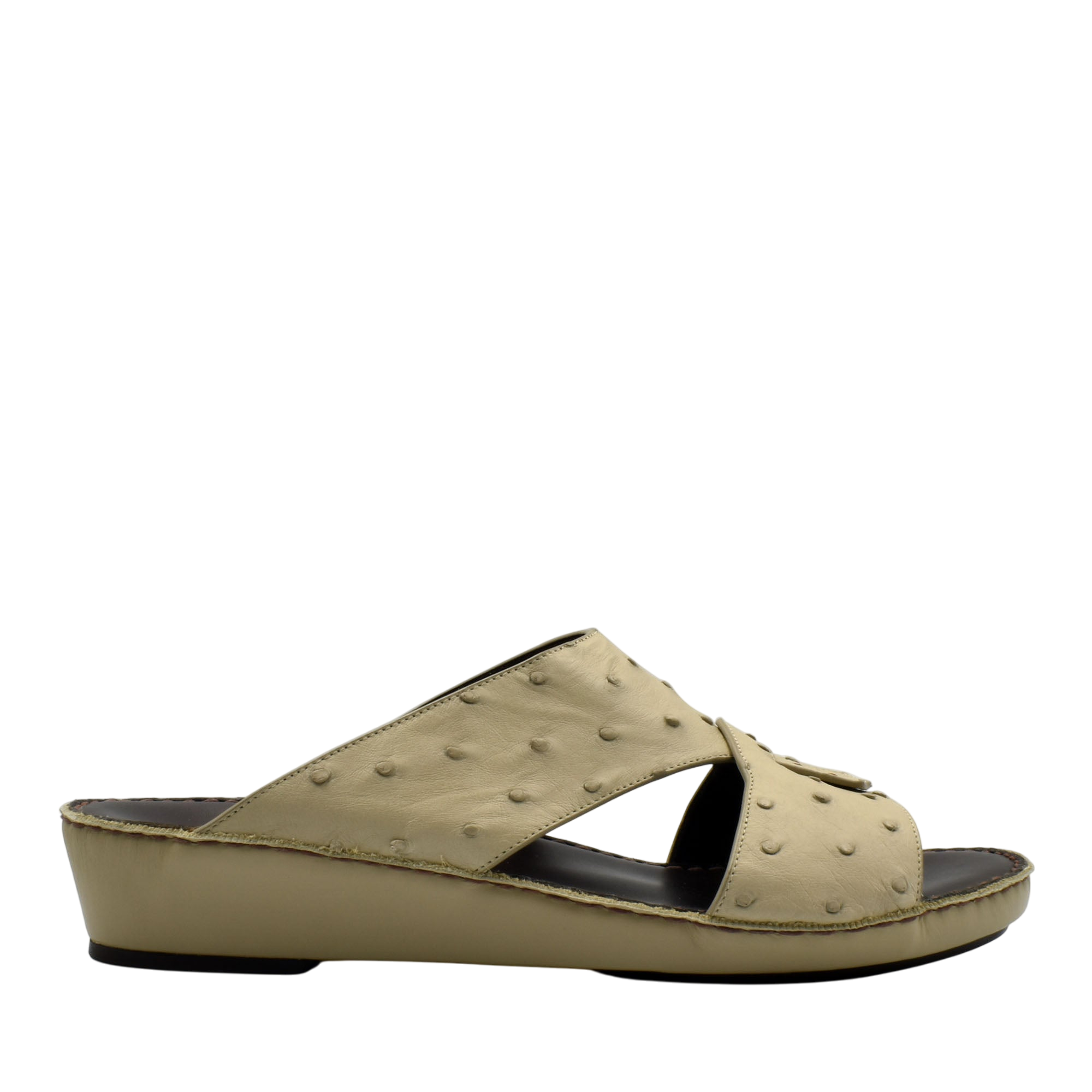 Beige ostrich leather sandals with crisscross straps and low wedge heel from Private Collection