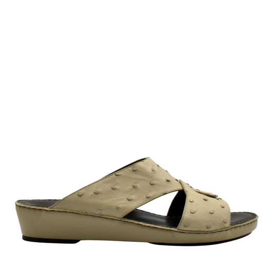 Beige ostrich leather sandals with crisscross straps and low wedge heel from Private Collection