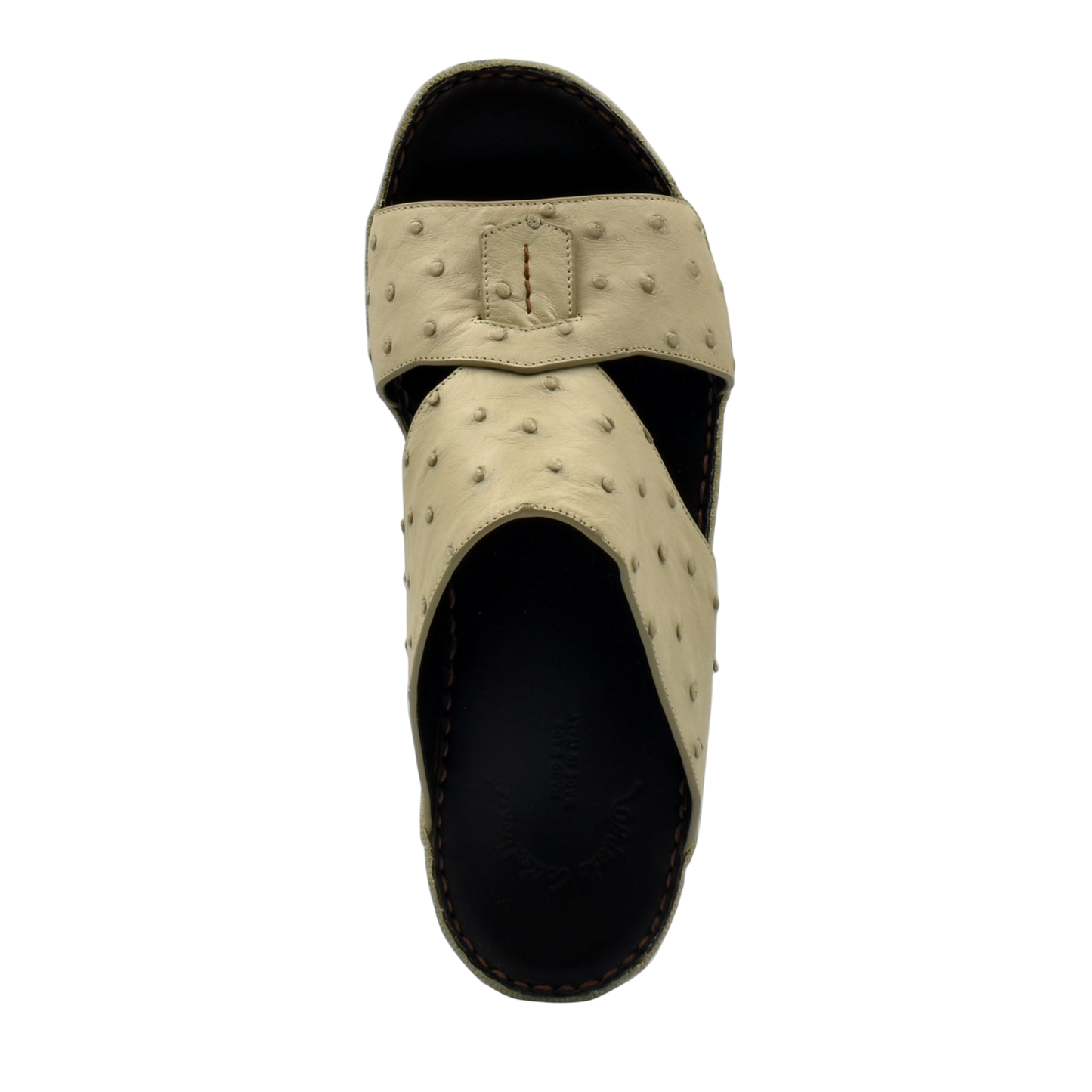 Beige ostrich leather sandals with textured straps and black sole from private collection