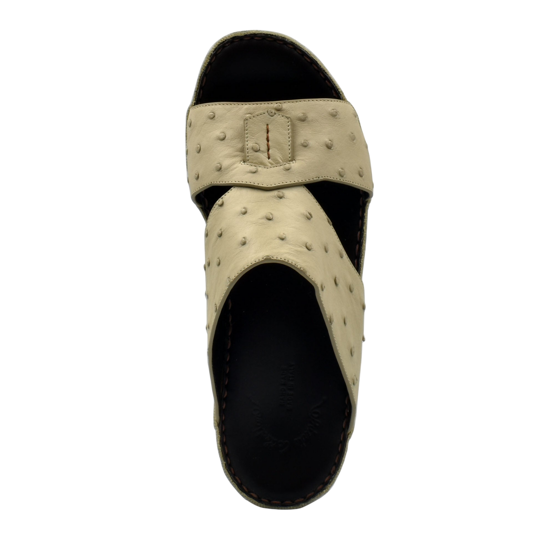 Beige ostrich leather sandals with textured straps and black sole from private collection