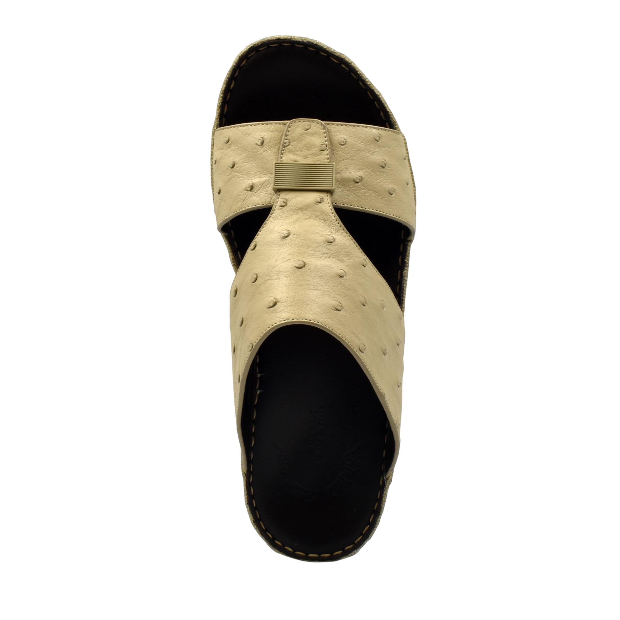 Beige ostrich leather sandals with black sole and textured upper from Private Collection