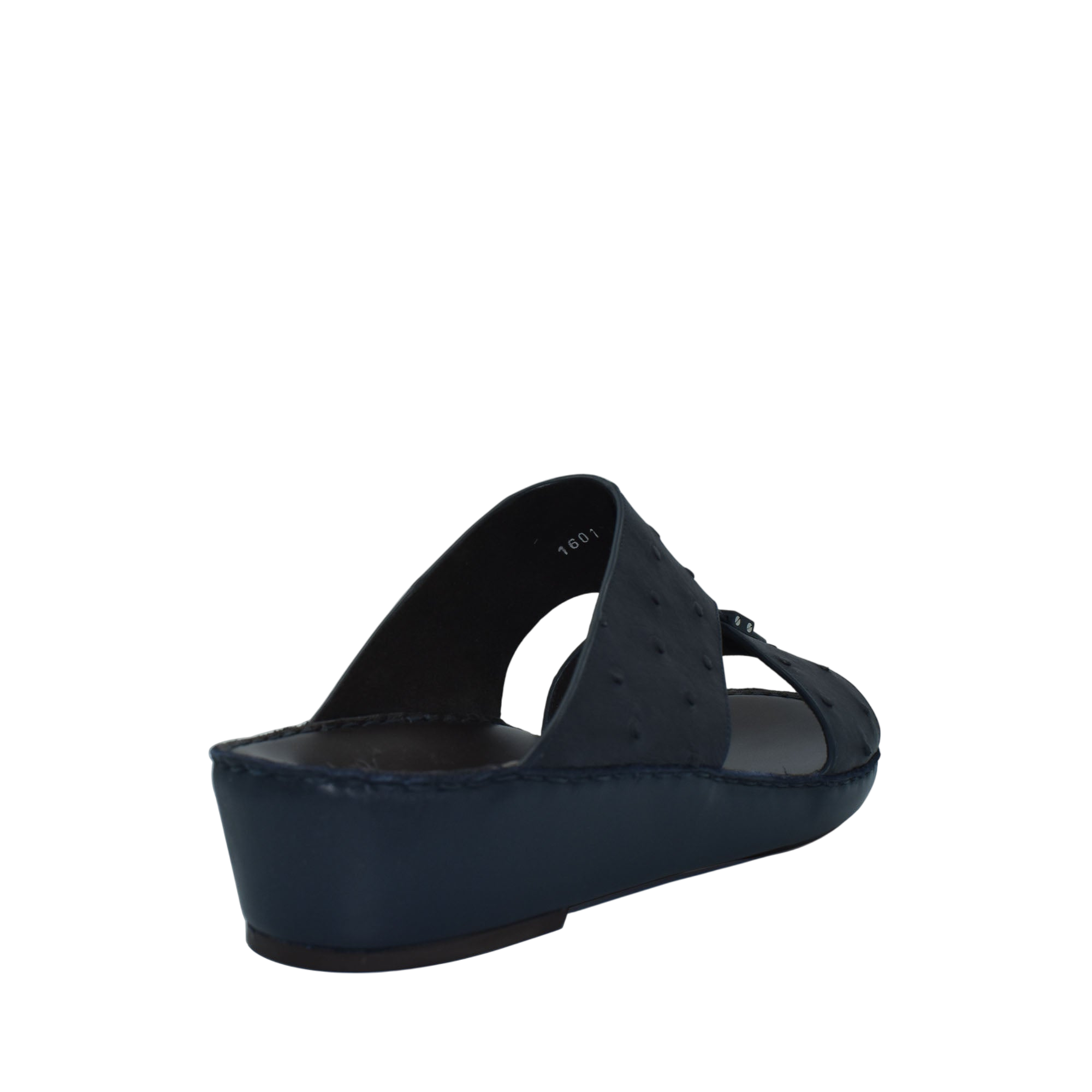 Black ostrich leather sandals with cushioned wedge sole and open toe design from Private collection