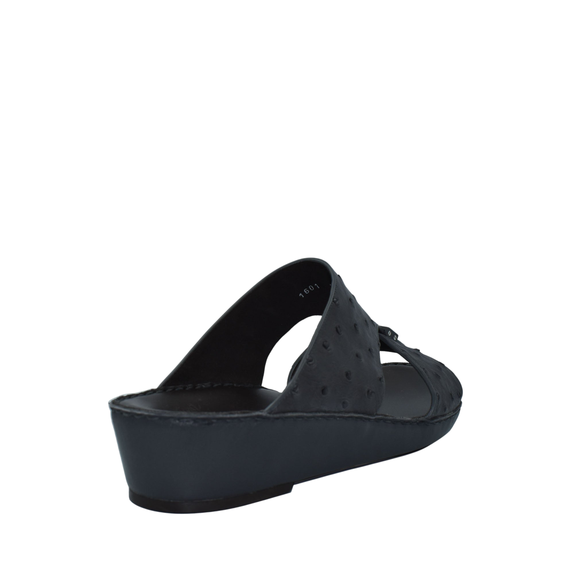 Black ostrich leather sandals with a low wedge heel from Private collection