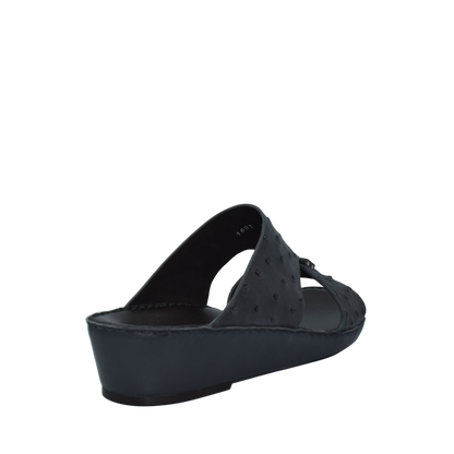Black ostrich leather sandals with a low wedge heel from Private collection