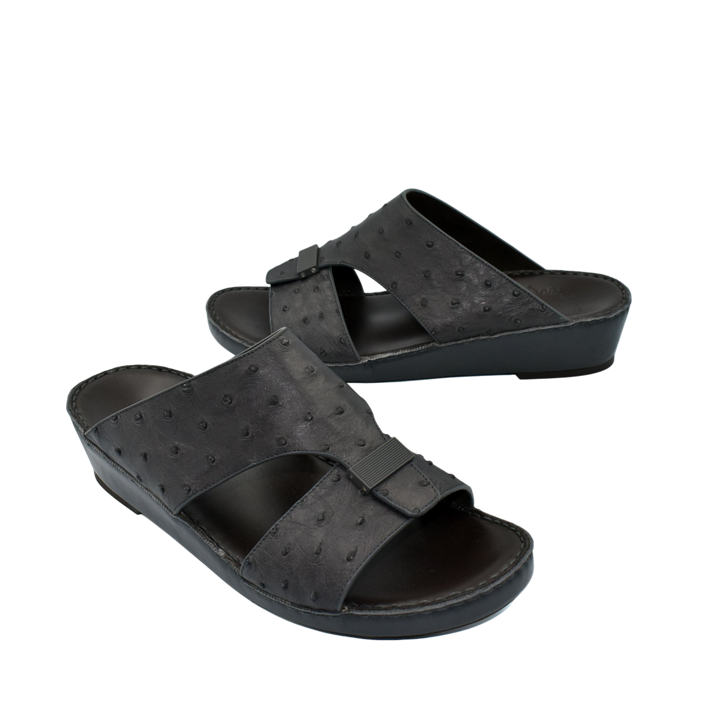 Black ostrich leather sandals with open toe and adjustable strap from Private Collection
