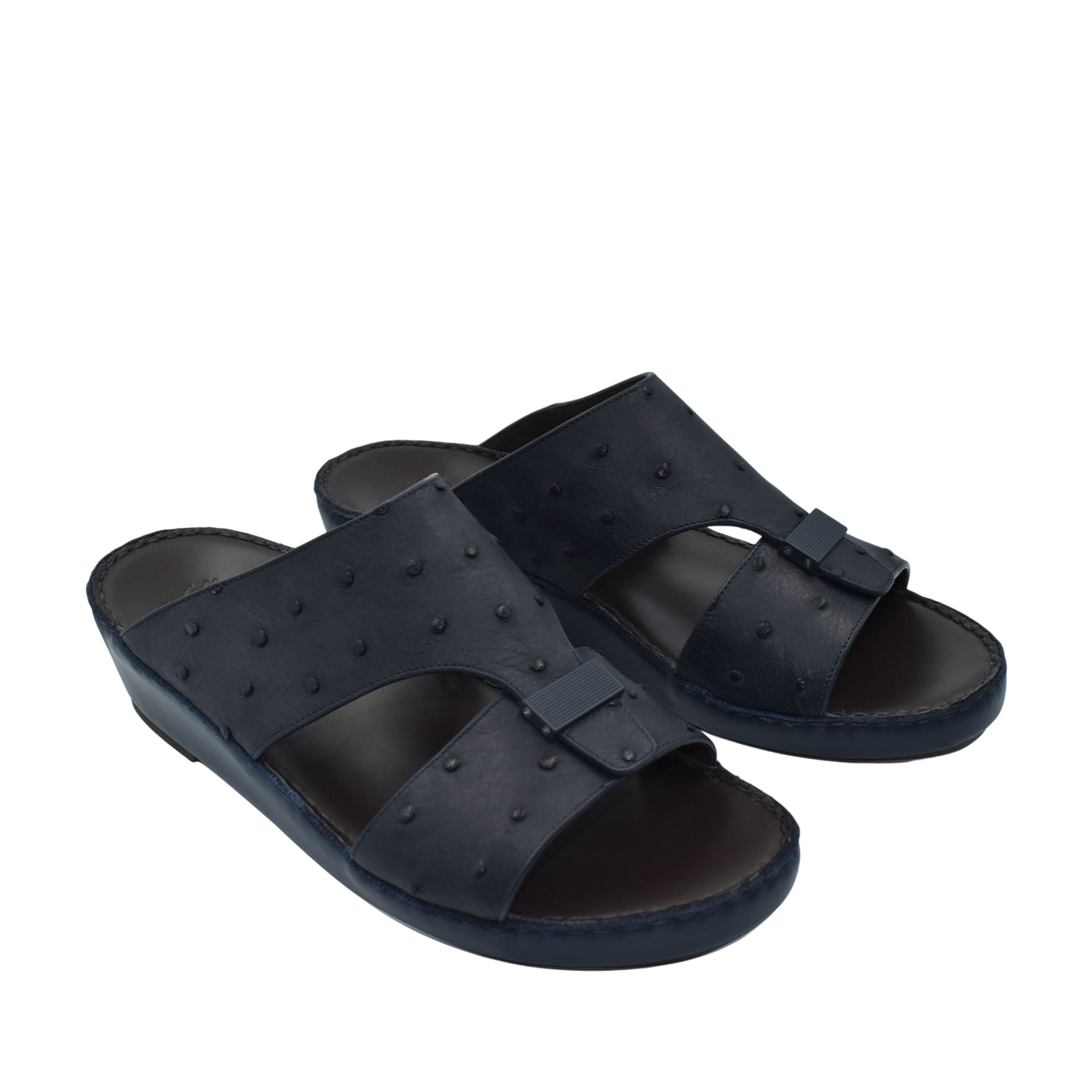 Black ostrich leather sandals with open toe and adjustable strap for comfortable wear