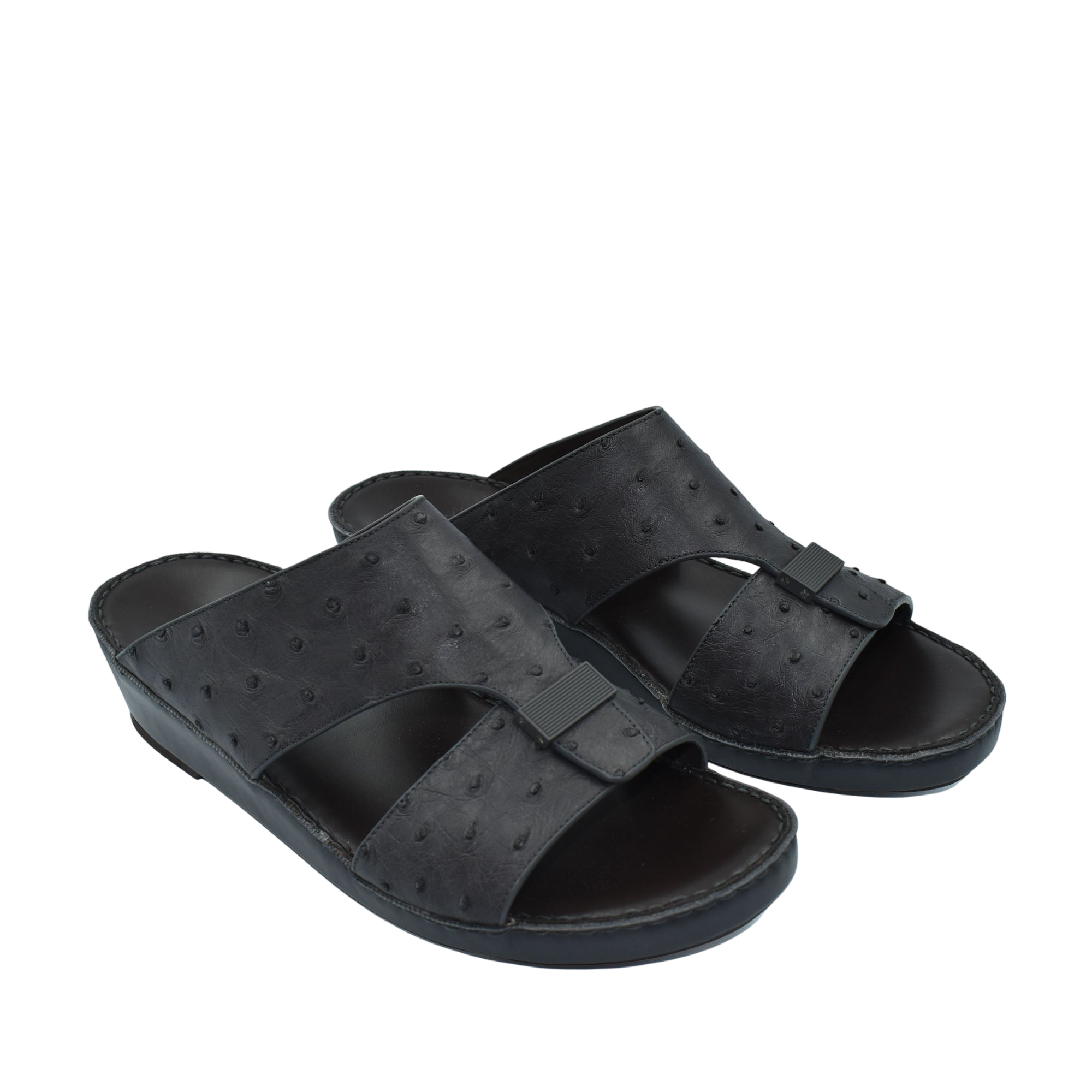Black ostrich leather sandals with open toe and slip-on design for casual comfort