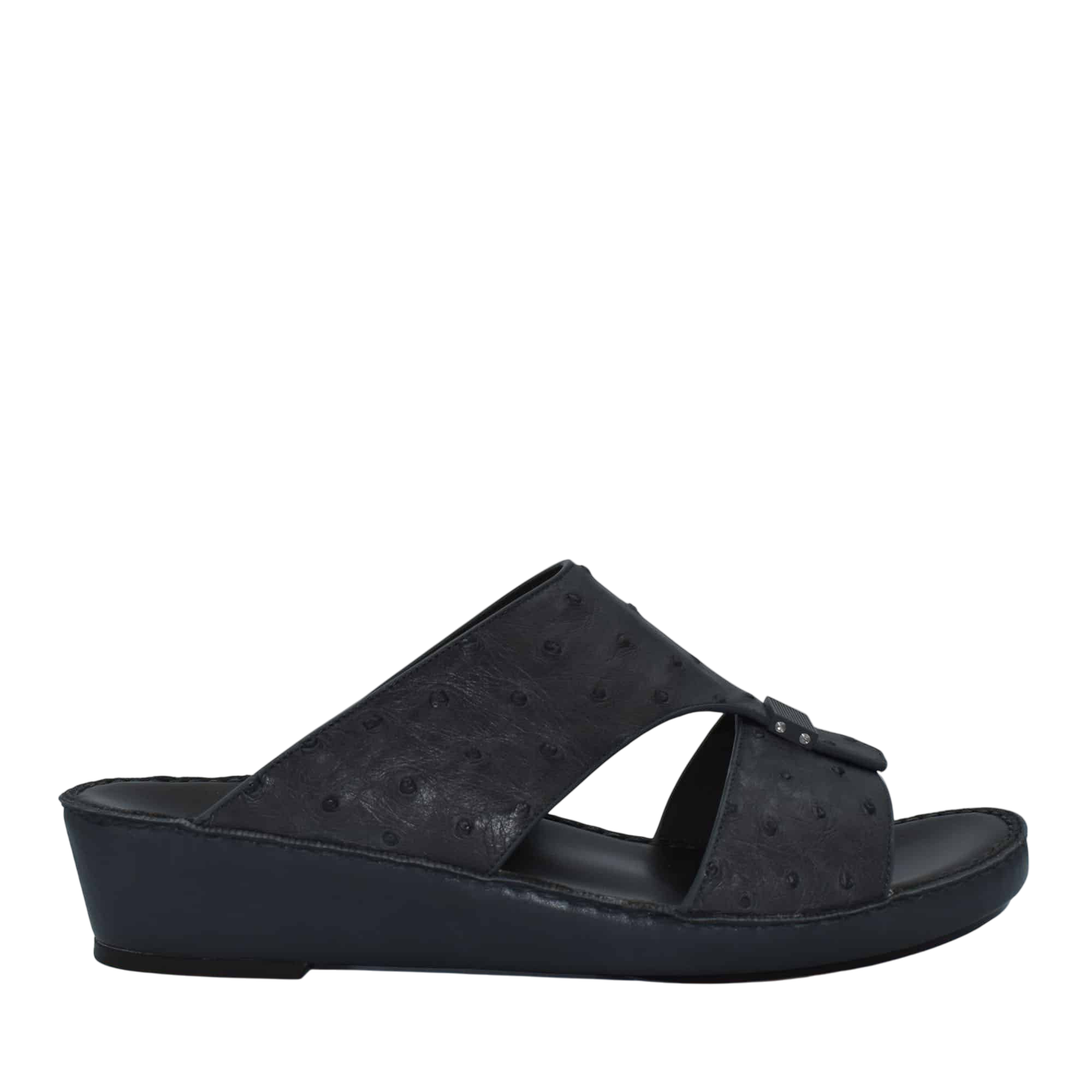Black ostrich leather sandals with open toe and wedge heel from Private collection